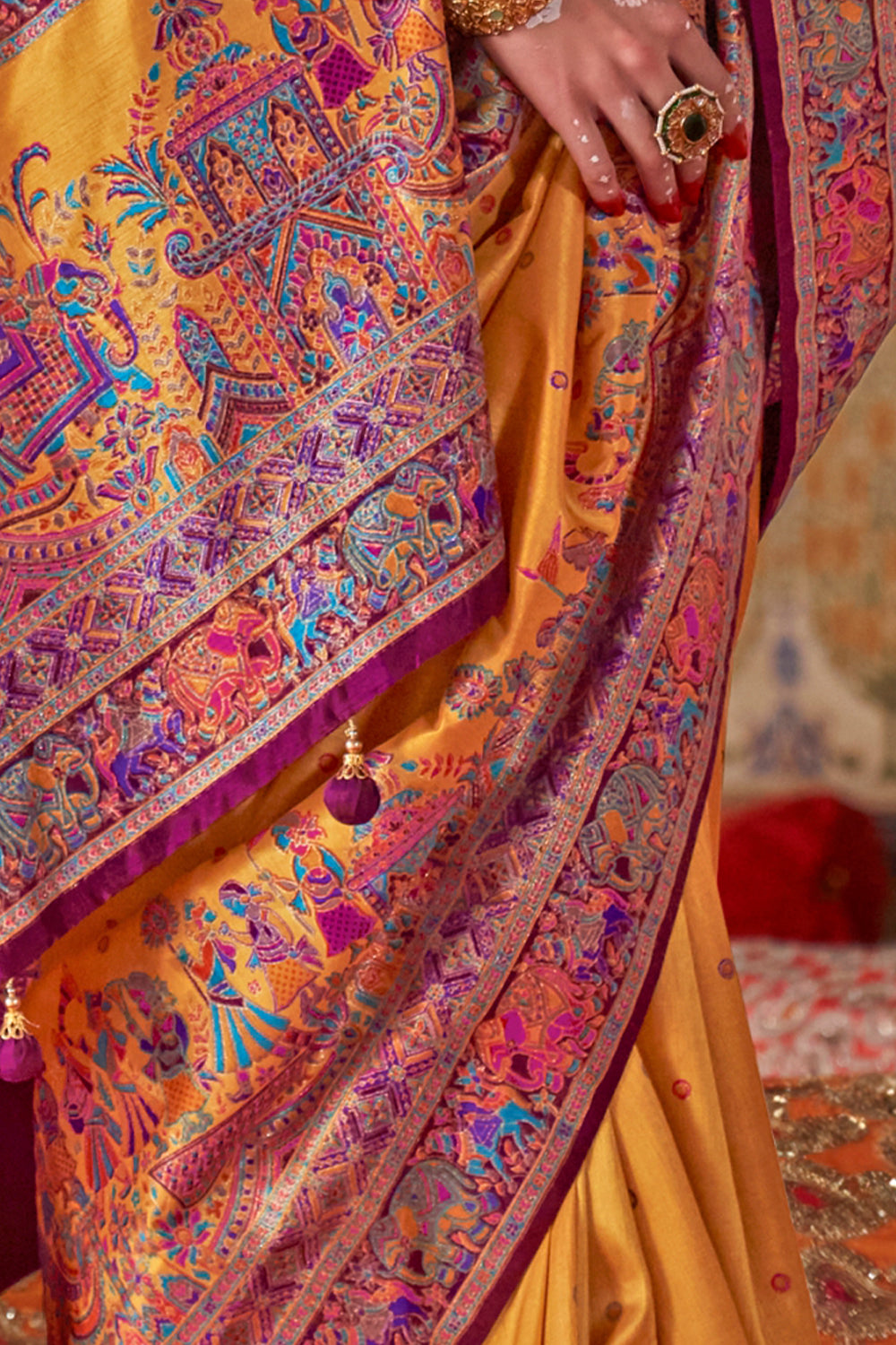 Marigold Yellow Raw Silk Saree with Heritage Prints