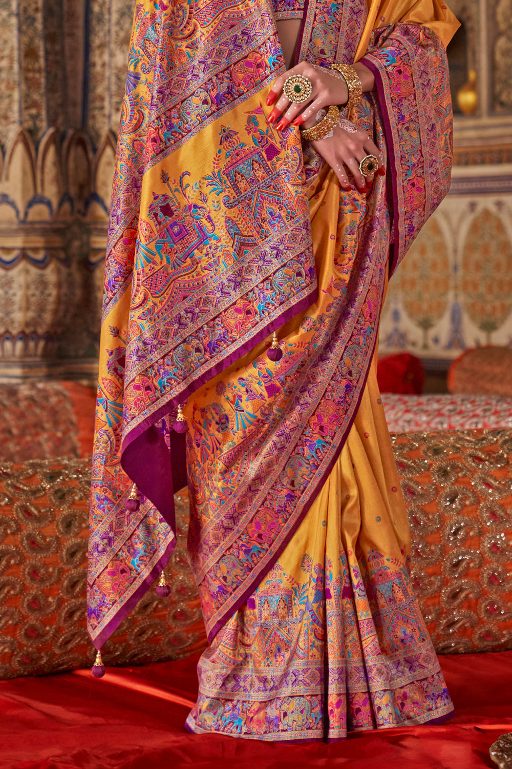Marigold Yellow Raw Silk Saree with Heritage Prints