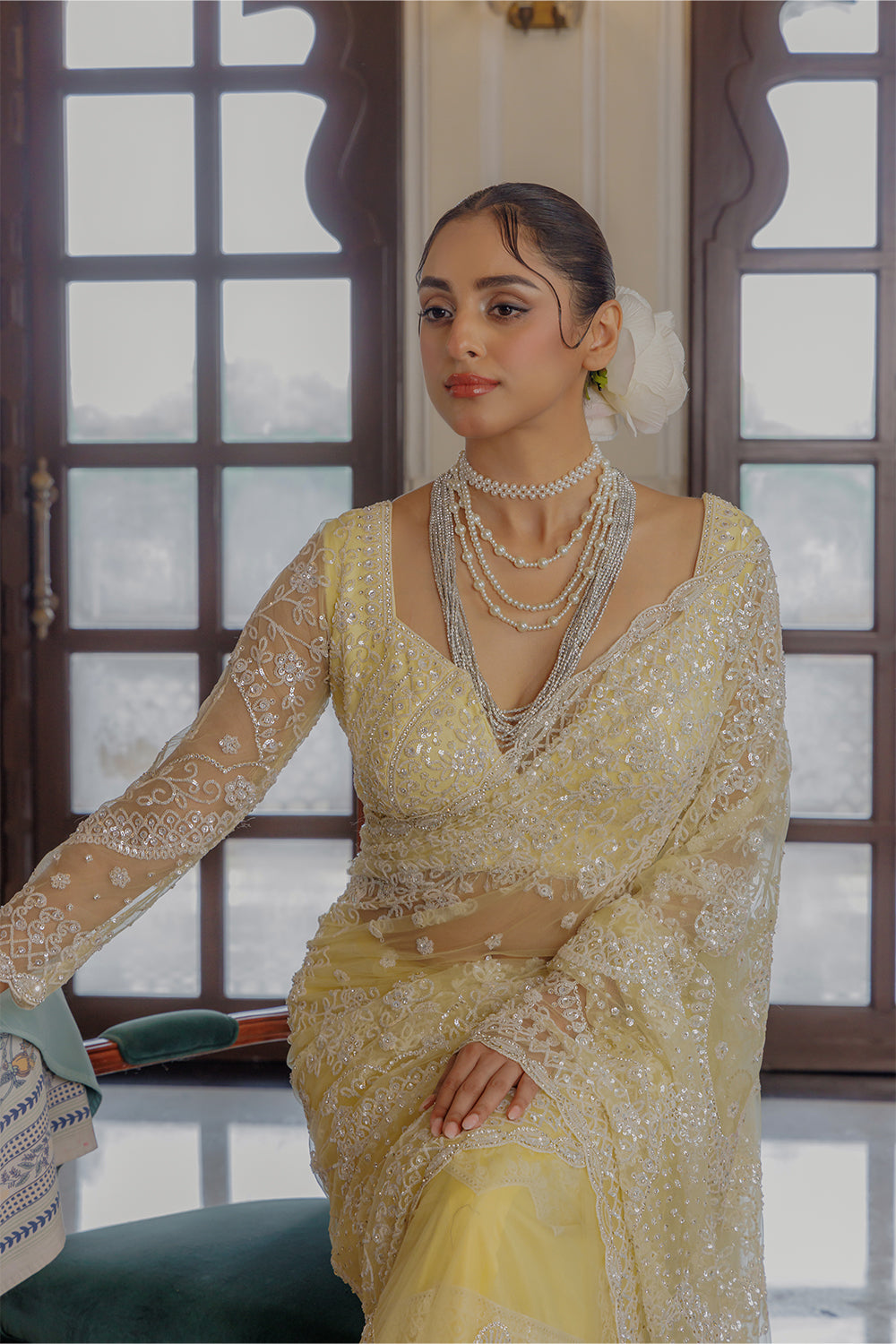 Yellow Super Net Saree with Sequin and Swarovski Work