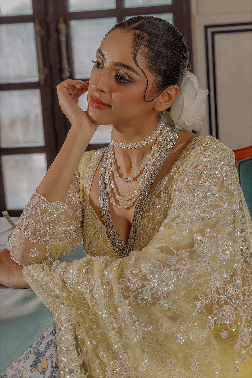 Yellow Super Net Saree with Sequin and Swarovski Work