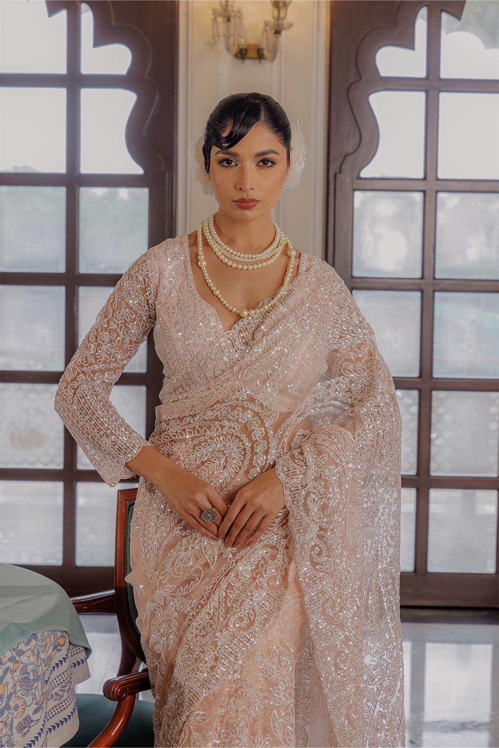 Beige Cream Super Net Saree with Zircon Stone & Sequin Embroidery