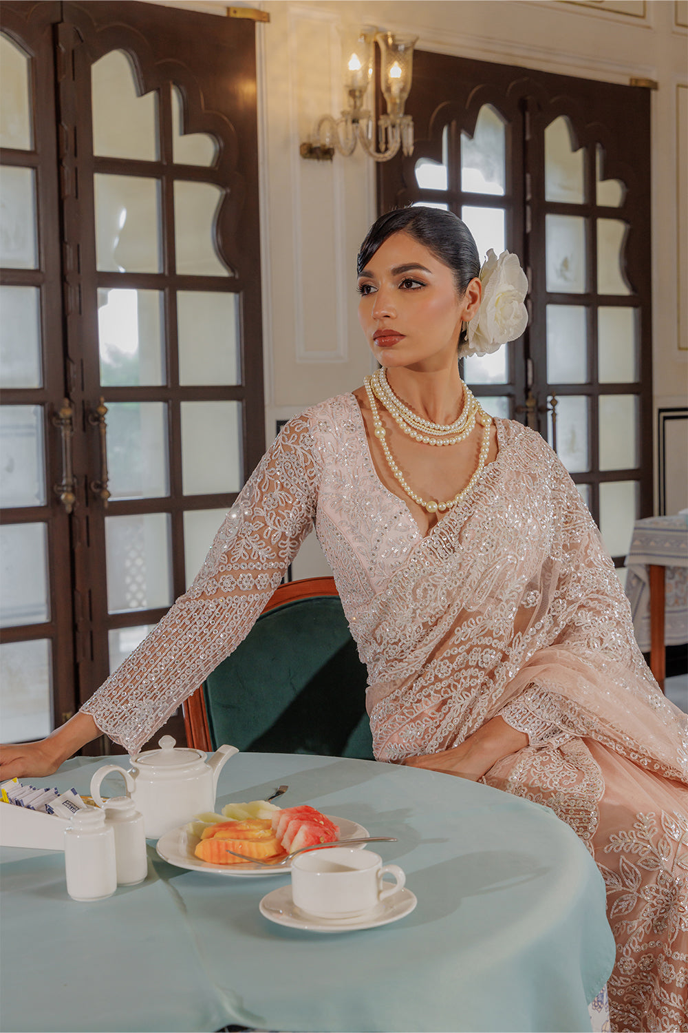 Beige Cream Super Net Saree with Zircon Stone & Sequin Embroidery