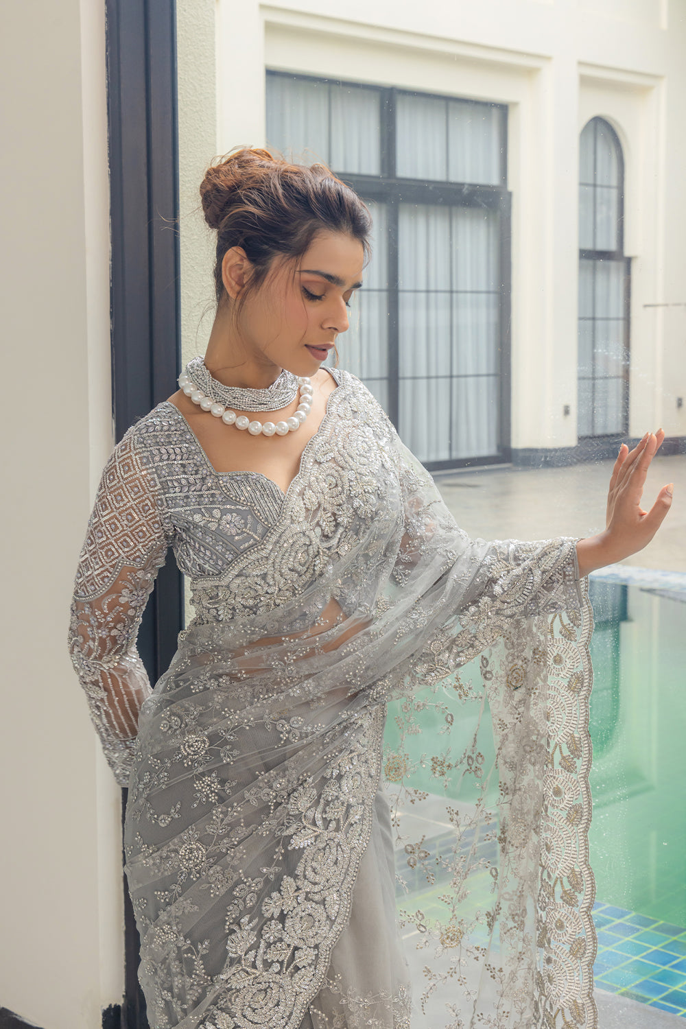 Grey Super Net Saree with Zircon Stone & Sequin Embroidery