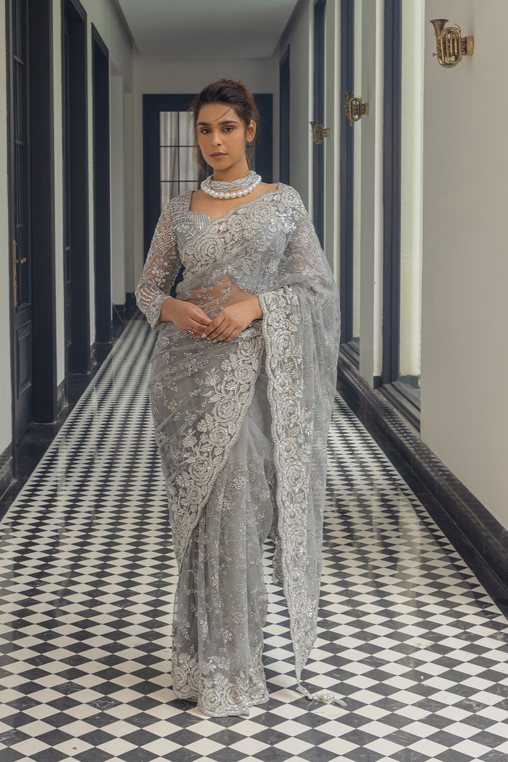 Grey Super Net Saree with Zircon Stone & Sequin Embroidery