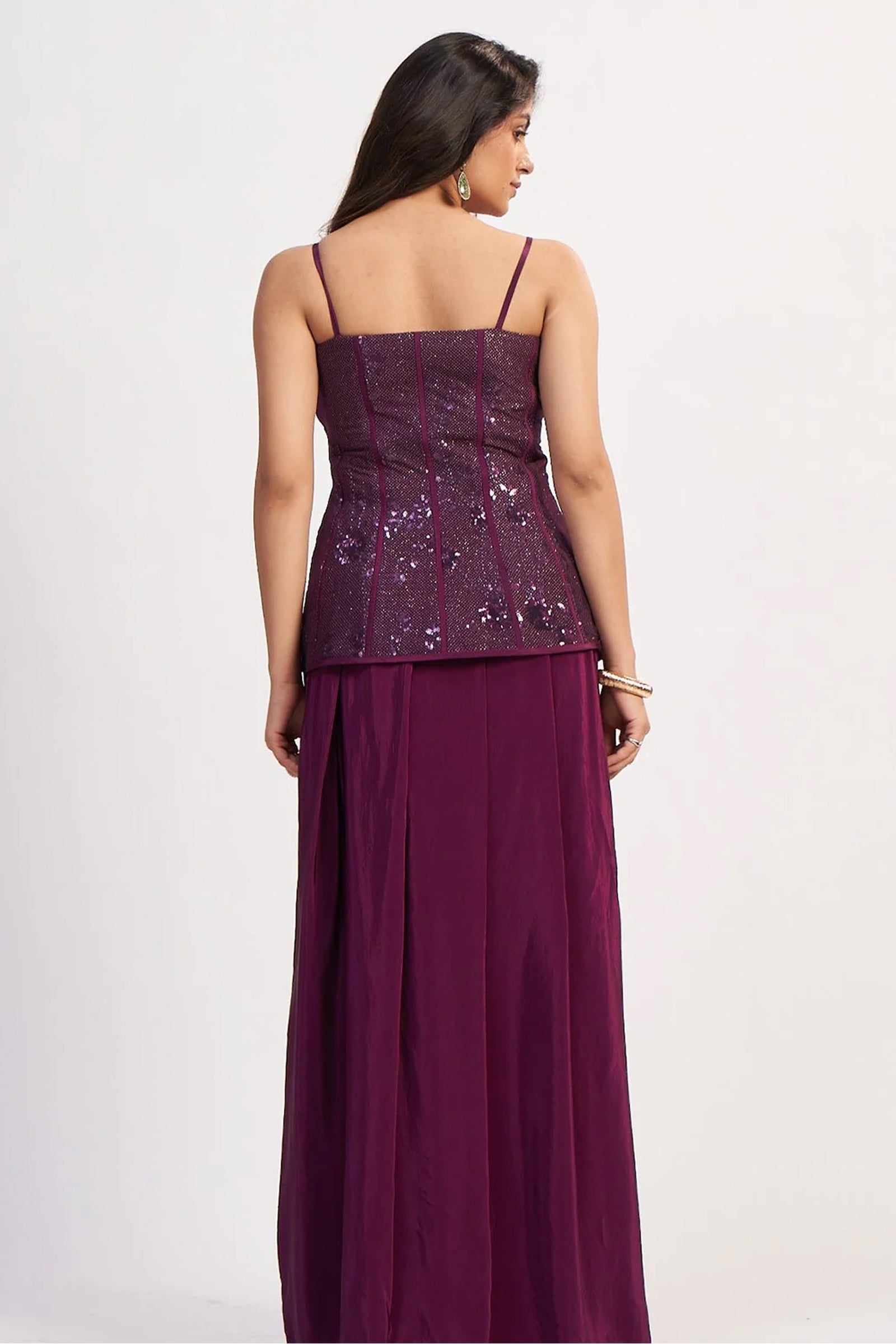 Wine Crepe Silk Ready-to-Wear Drape Saree with Hand-Embroidered Sequin Corset Top