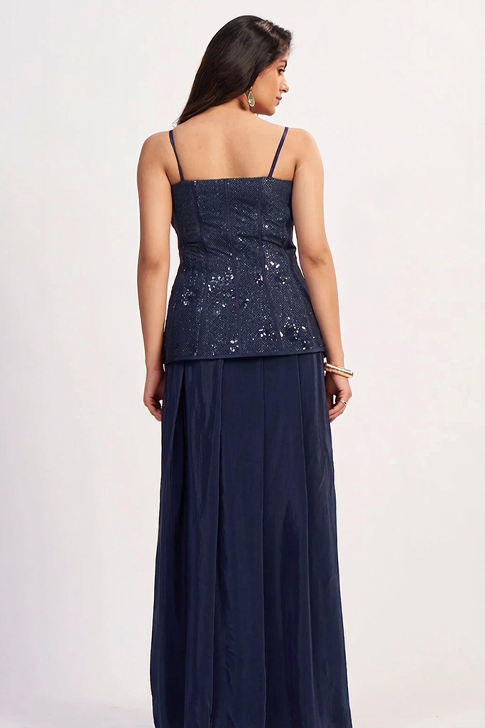 Navy Blue Crepe Silk Ready-to-Wear Drape Saree with Hand-Embroidered Sequin Corset Top