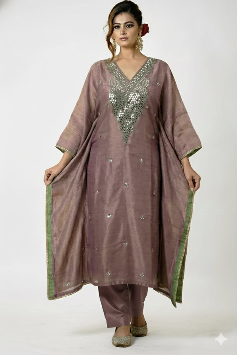 Mauve Organza Silk Kaftan Kurta with Straight Pant and Mirror Work