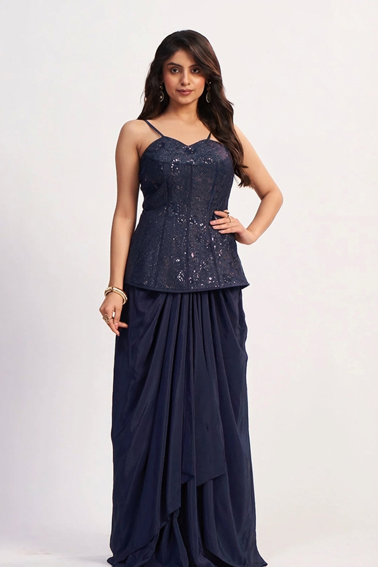 Navy Blue Crepe Silk Ready-to-Wear Drape Saree with Hand-Embroidered Sequin Corset Top