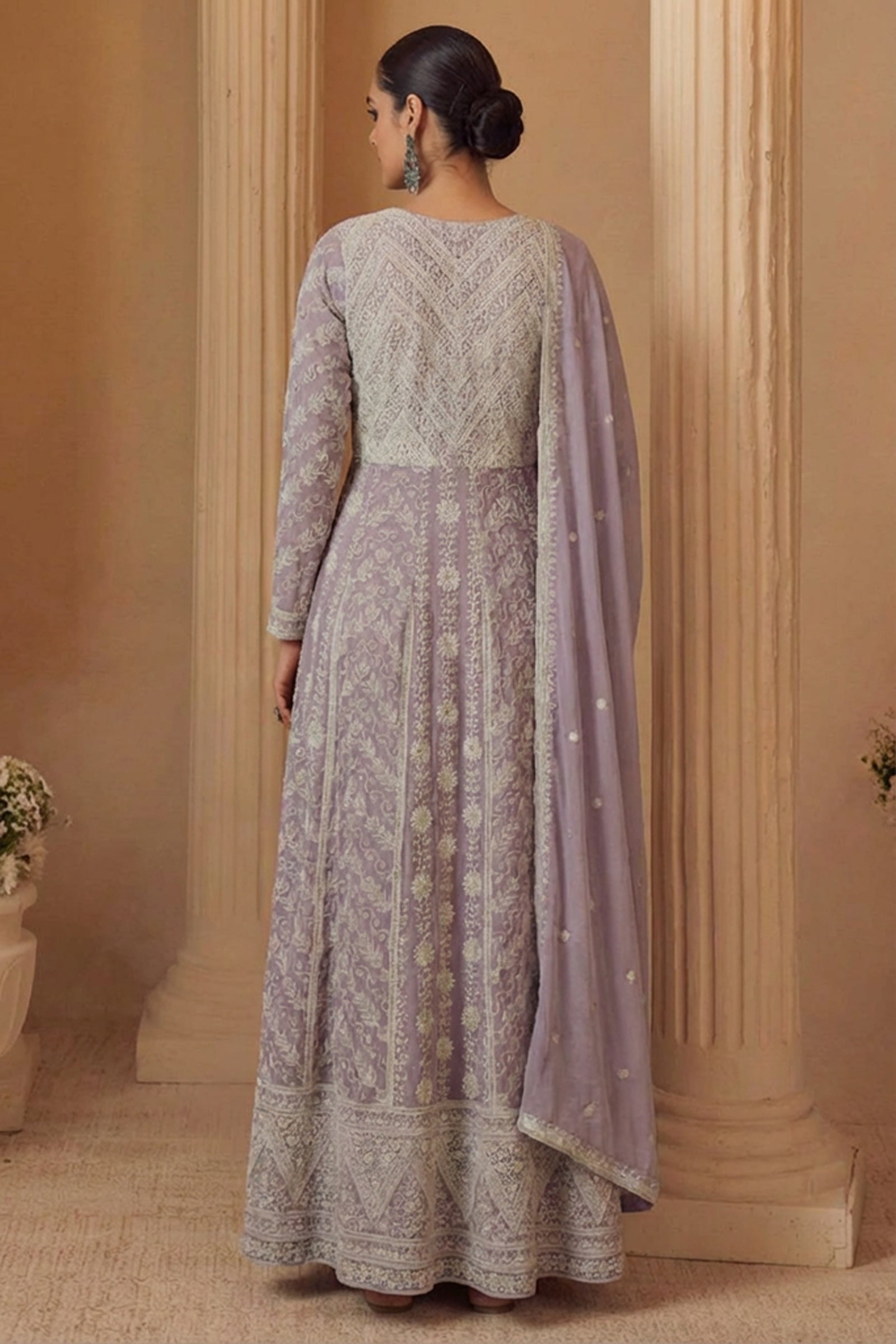 Lavender Georgette Front-Slit Anarkali with Intricate Ivory Threadwork