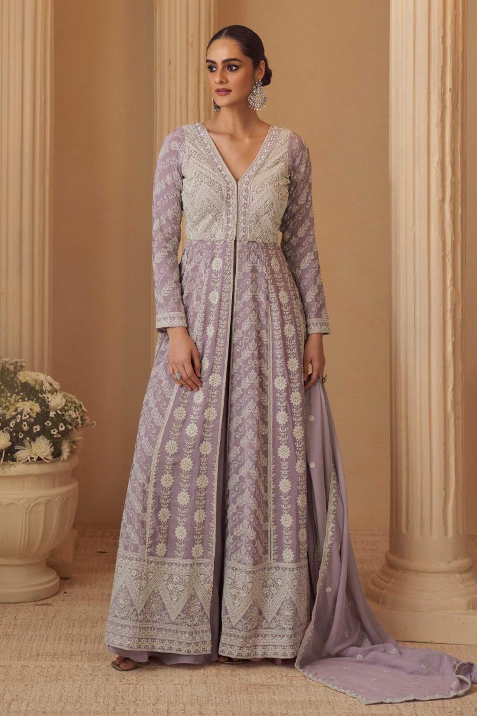 Lavender Georgette Front-Slit Anarkali with Intricate Ivory Threadwork