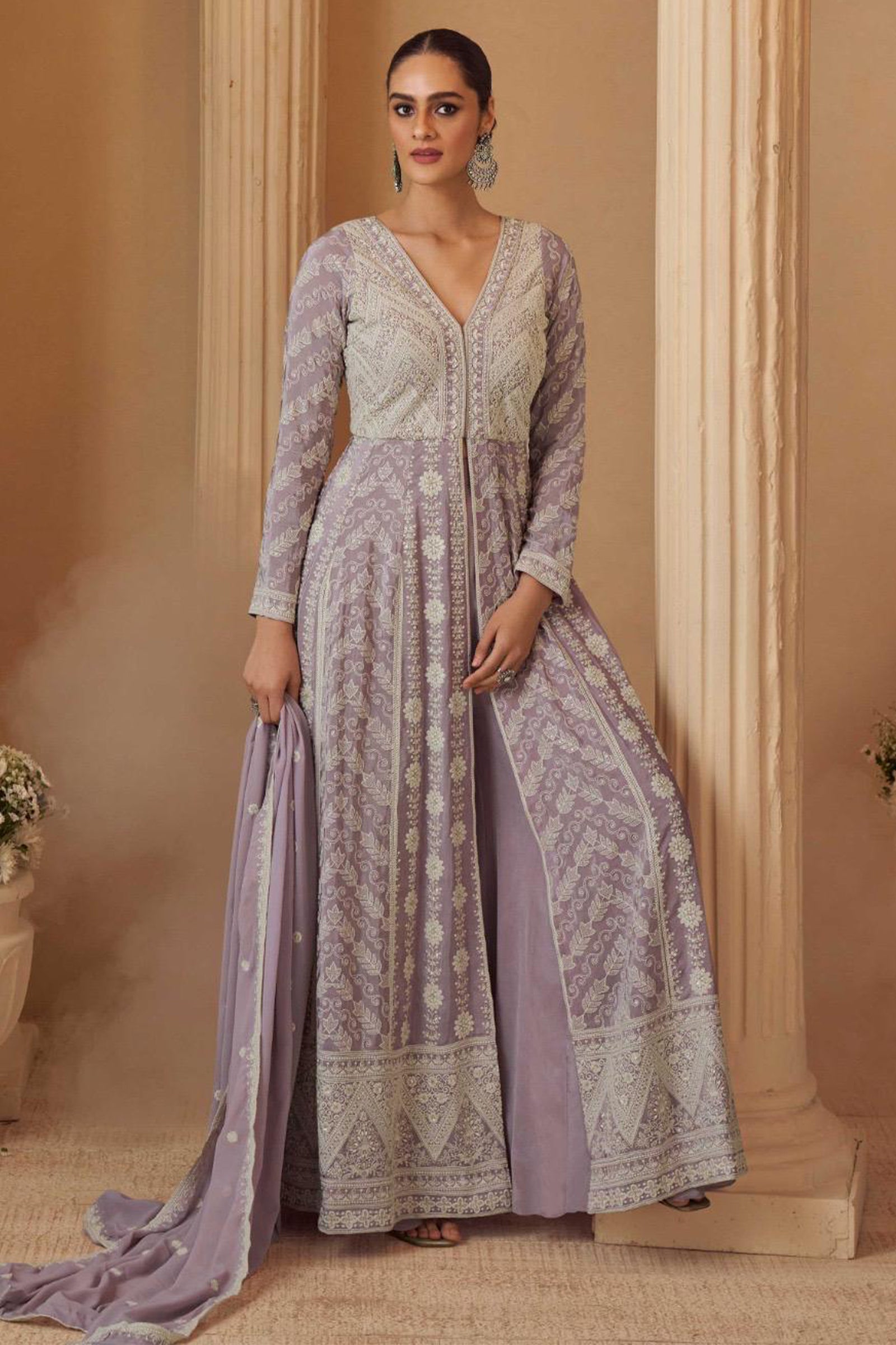 Lavender Georgette Front-Slit Anarkali with Intricate Ivory Threadwork