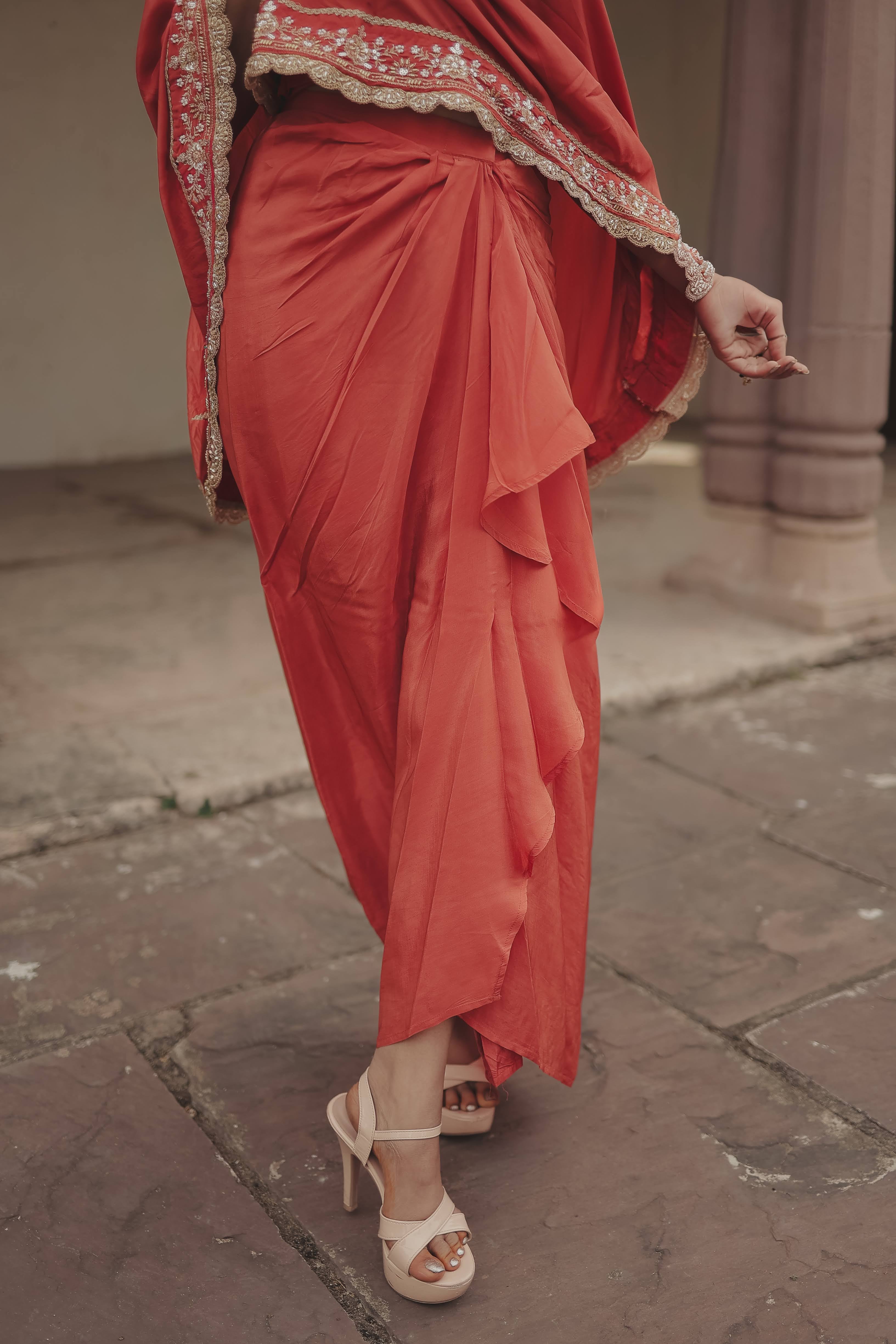Orange Crepe Silk 3-Piece Indo-Western Dhoti Pattern Set with Top