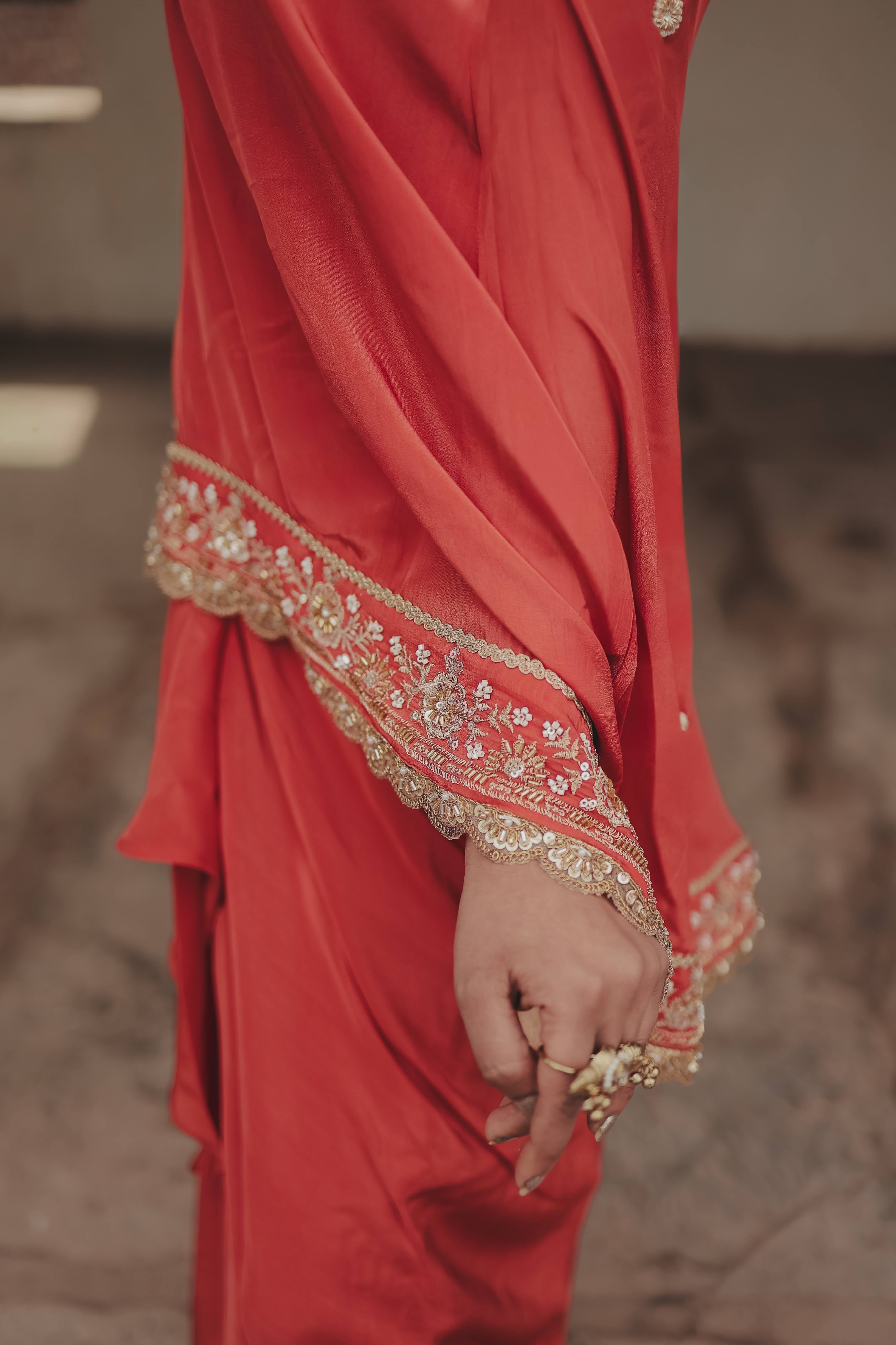 Orange Crepe Silk 3-Piece Indo-Western Dhoti Pattern Set with Top