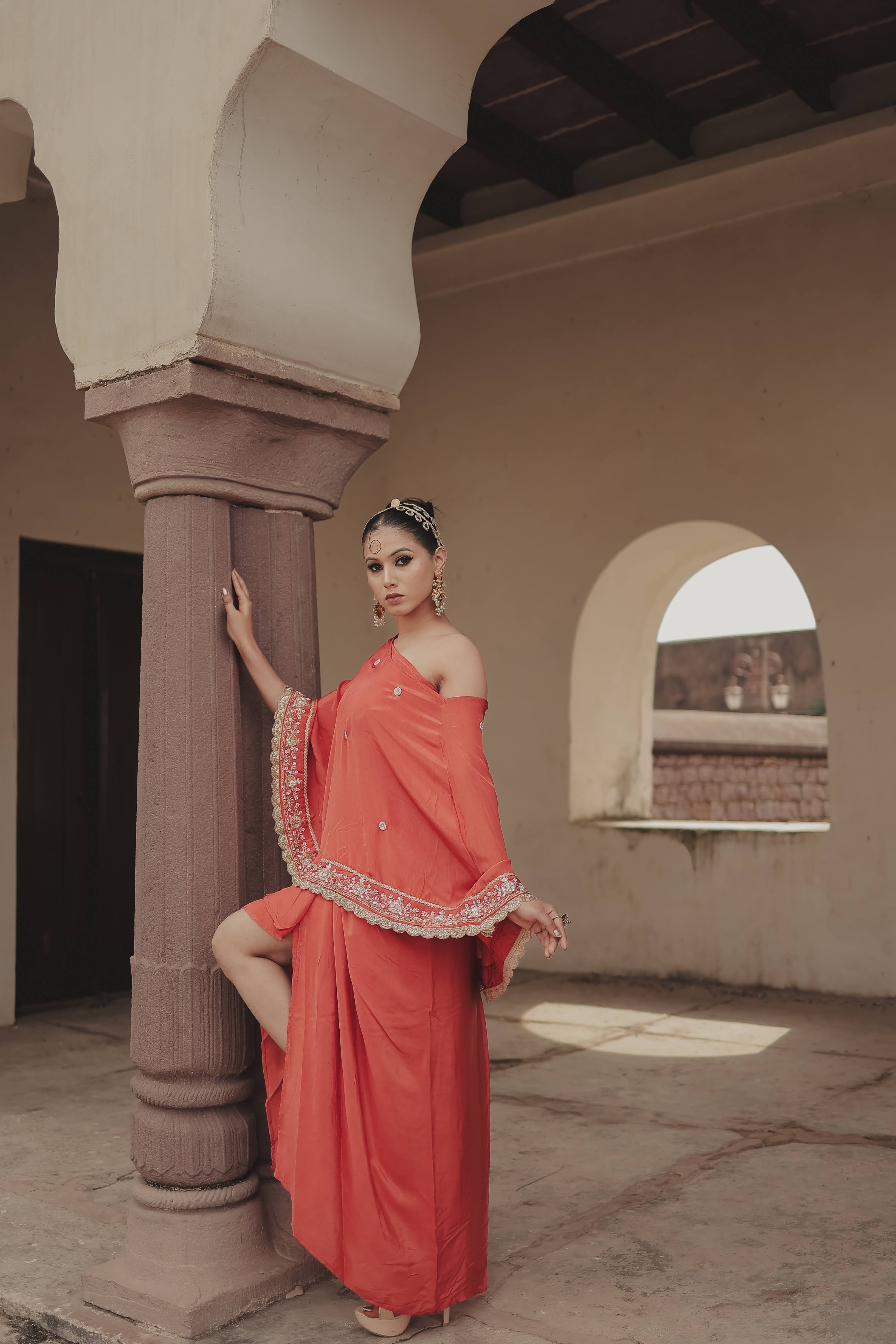 Orange Crepe Silk 3-Piece Indo-Western Dhoti Pattern Set with Top