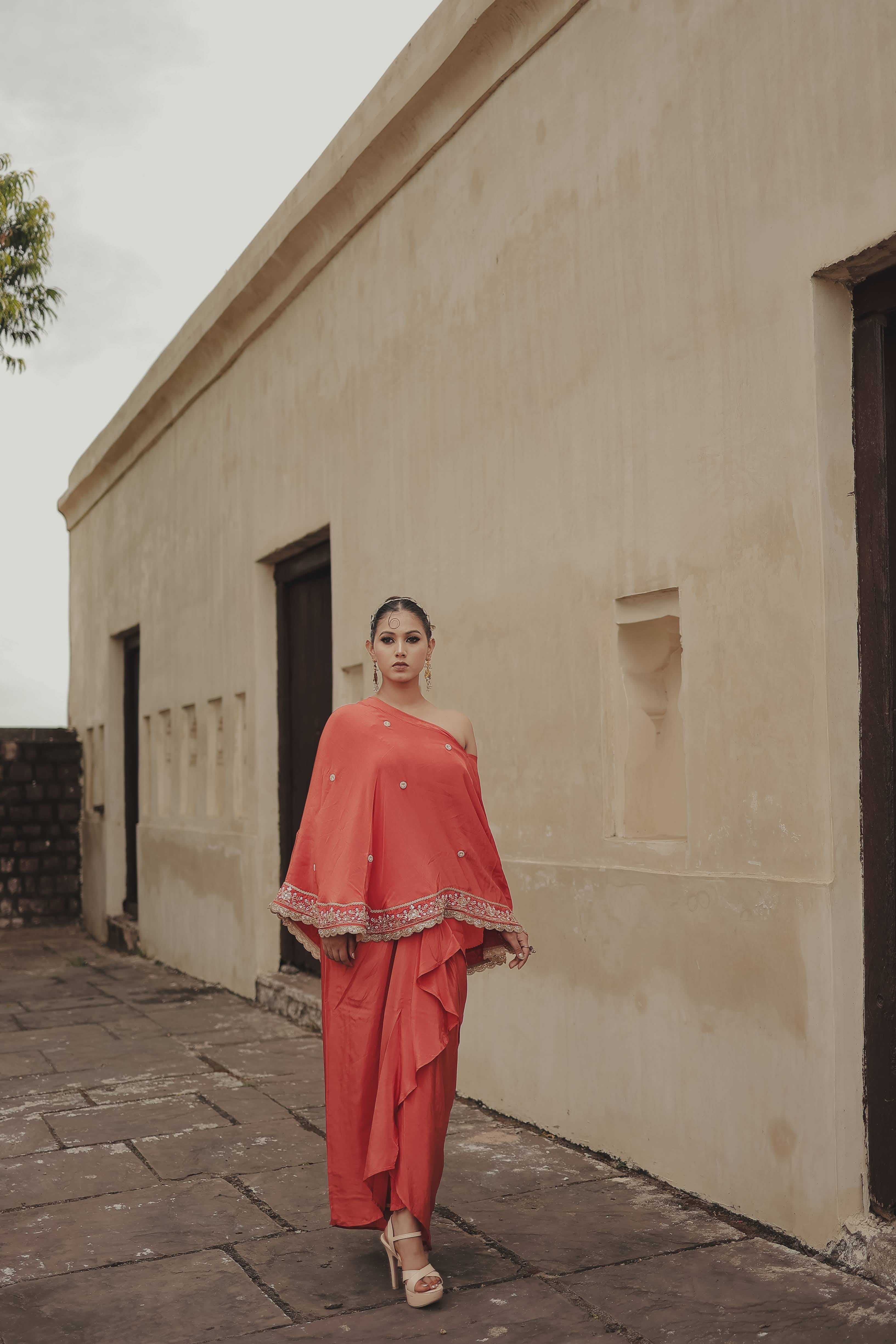 Orange Crepe Silk 3-Piece Indo-Western Dhoti Pattern Set with Top