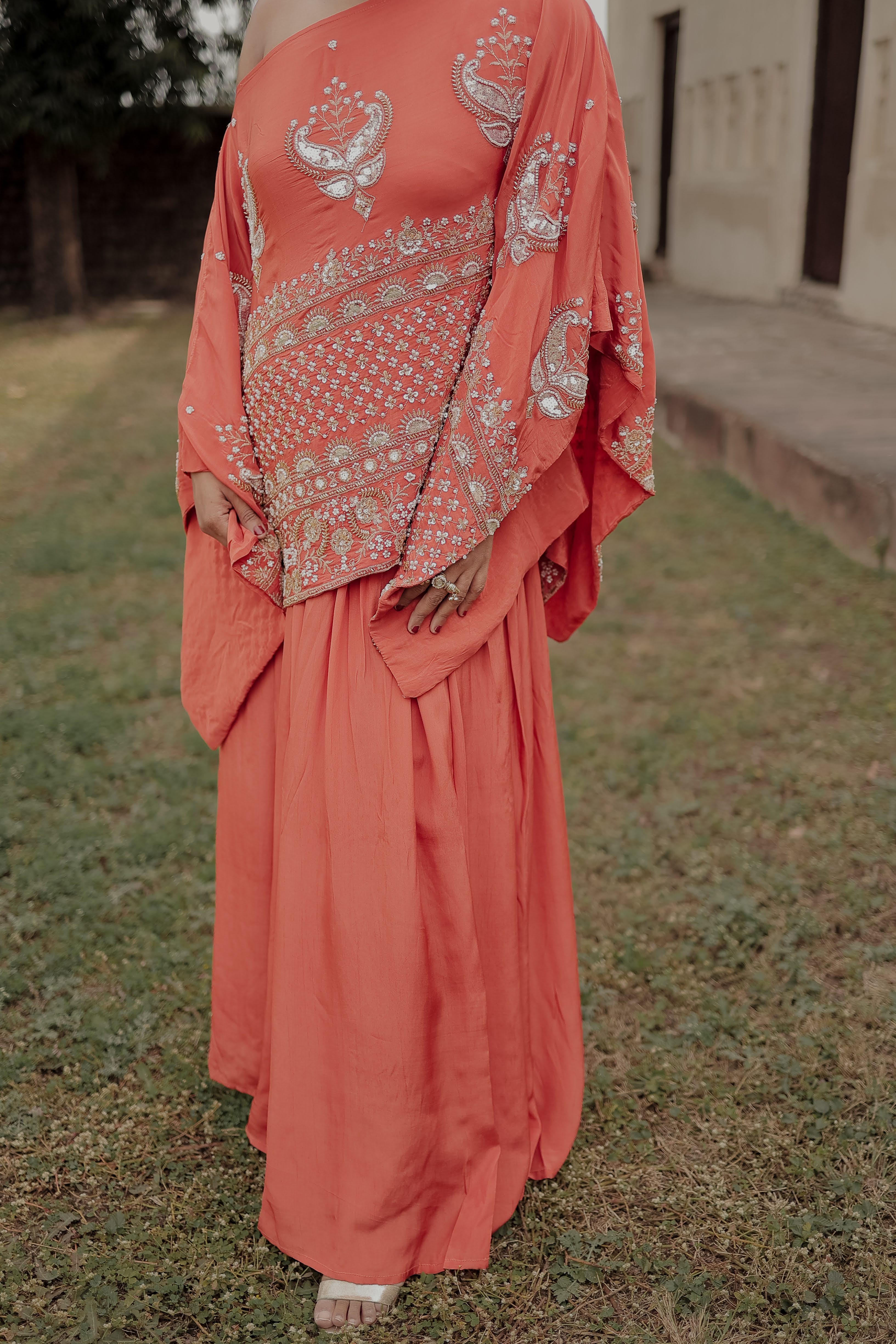 Orange Crepe Silk Designer Rectangular Top & Skirt Set