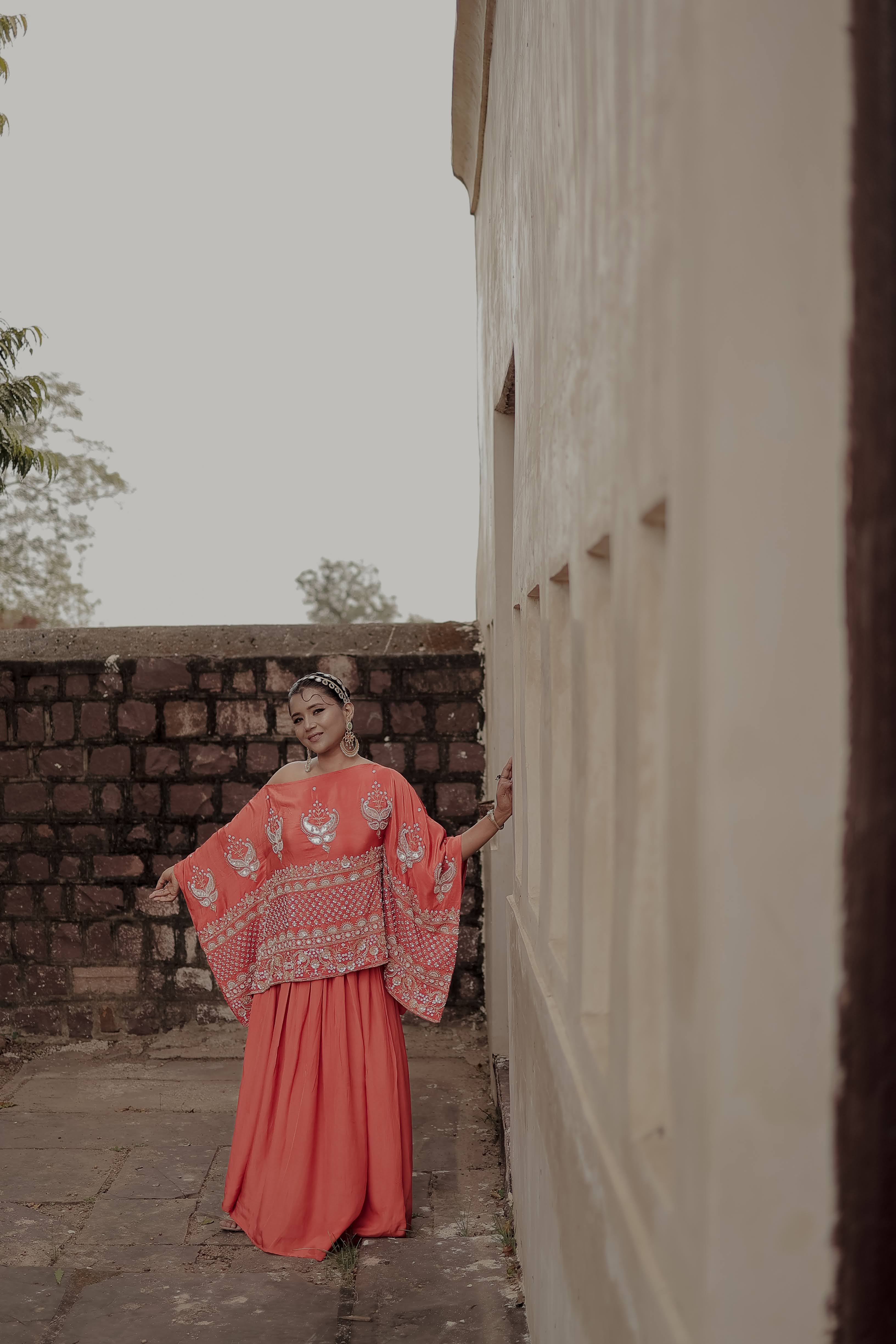 Orange Crepe Silk Designer Rectangular Top & Skirt Set