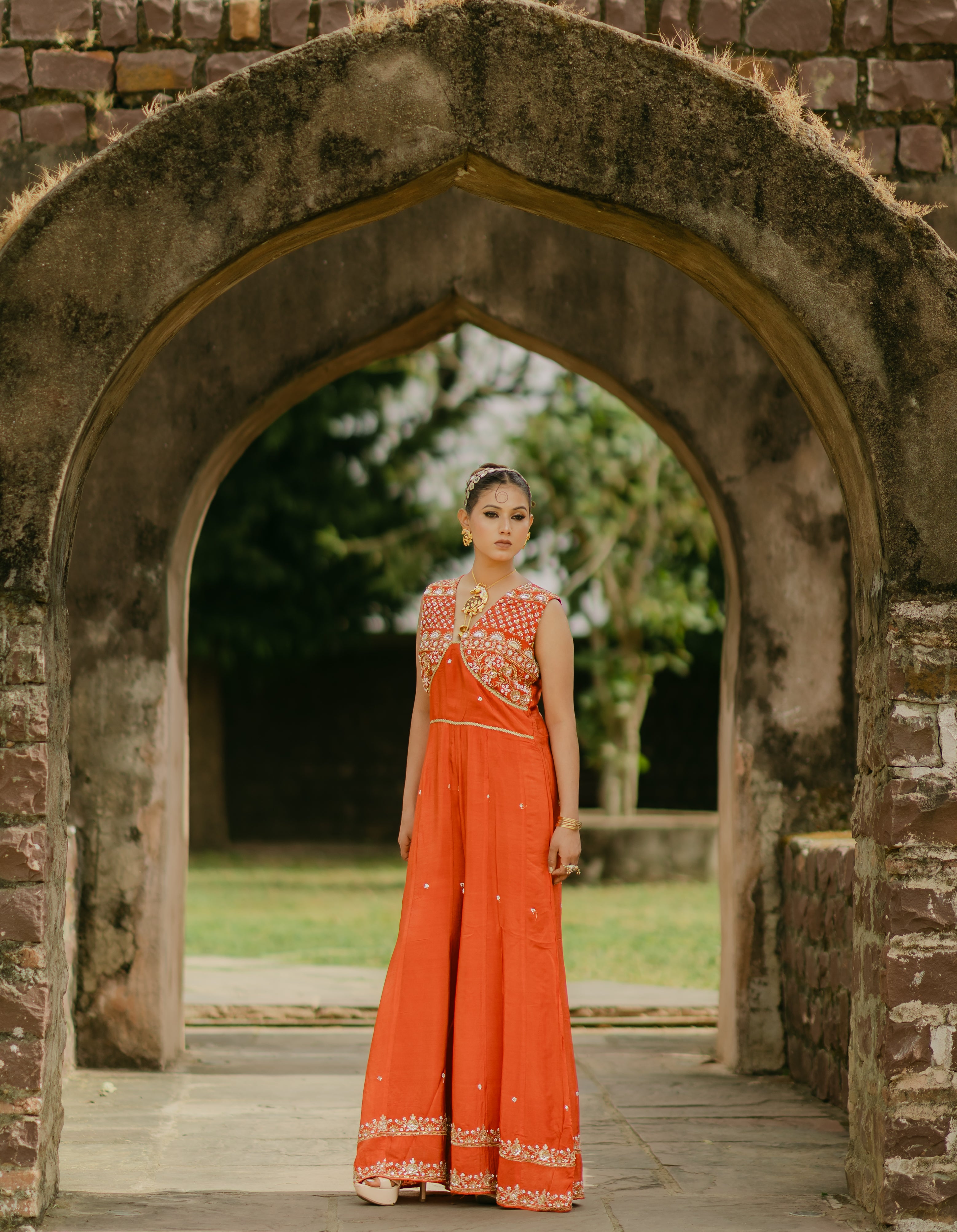 Orange Crepe Silk Designer Indo-Western Jumpsuit