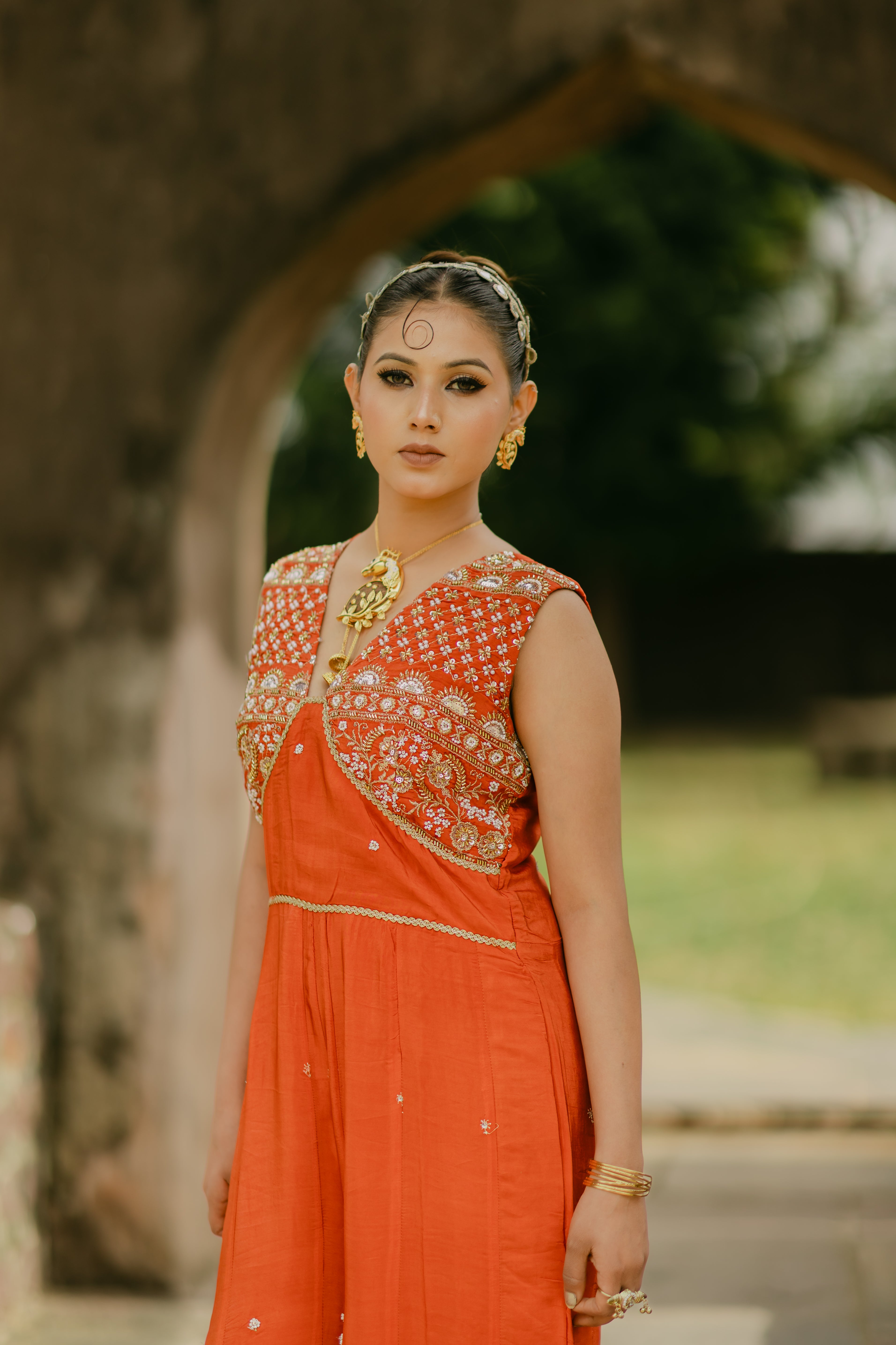 Orange Crepe Silk Designer Indo-Western Jumpsuit