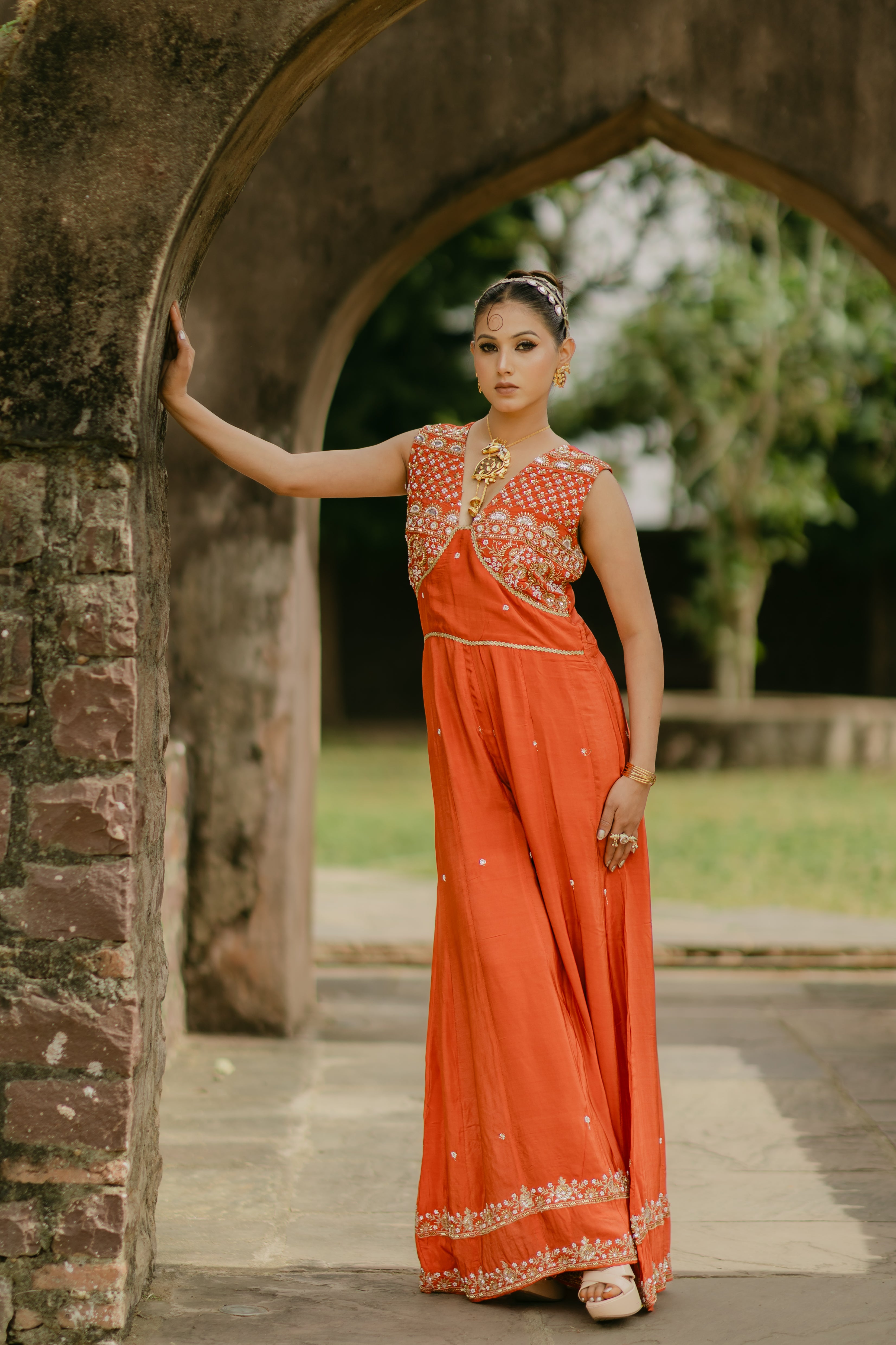 Orange Crepe Silk Designer Indo-Western Jumpsuit