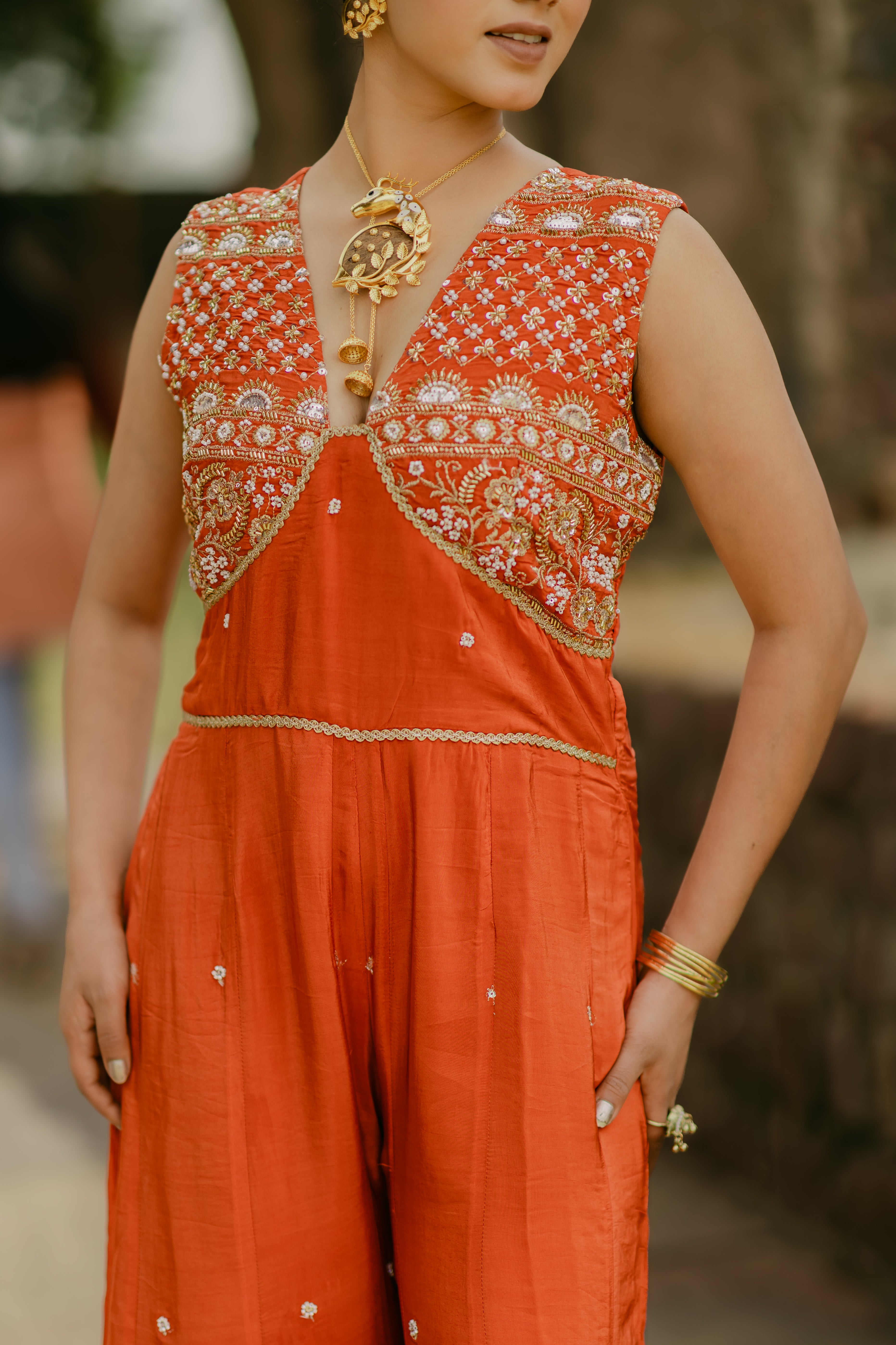 Orange Crepe Silk Designer Indo-Western Jumpsuit