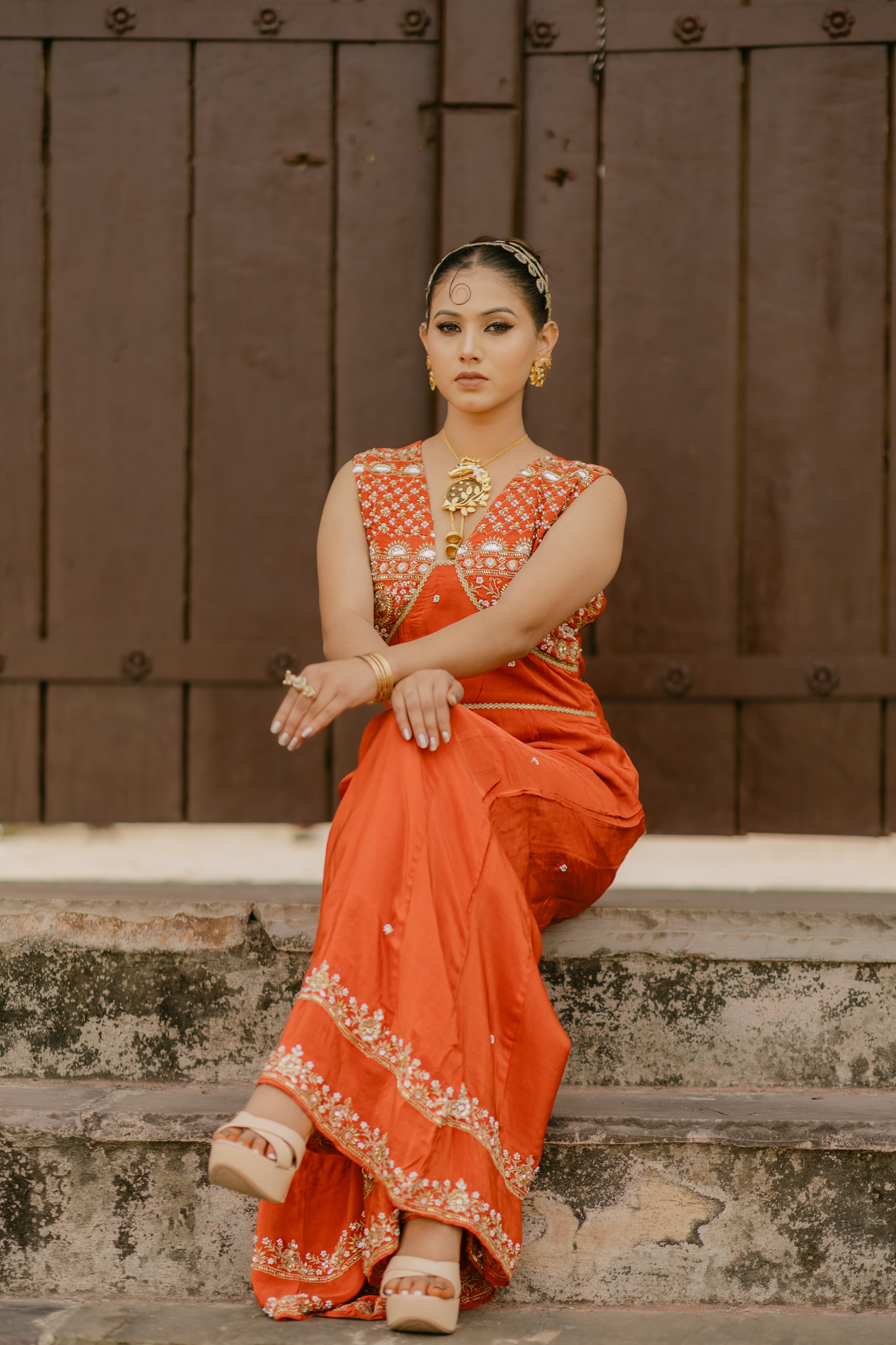 Orange Crepe Silk Designer Indo-Western Jumpsuit