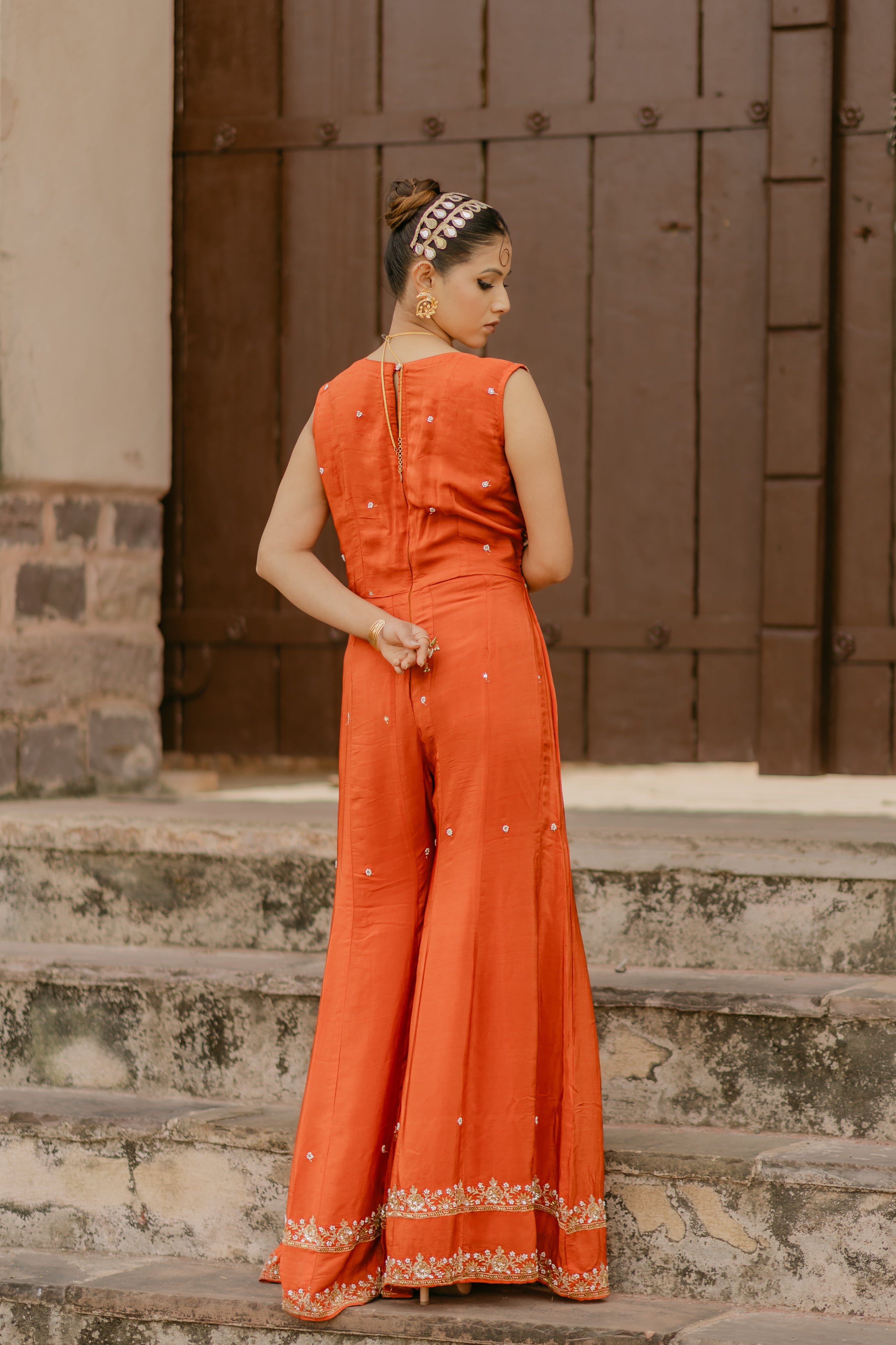 Orange Crepe Silk Designer Indo-Western Jumpsuit