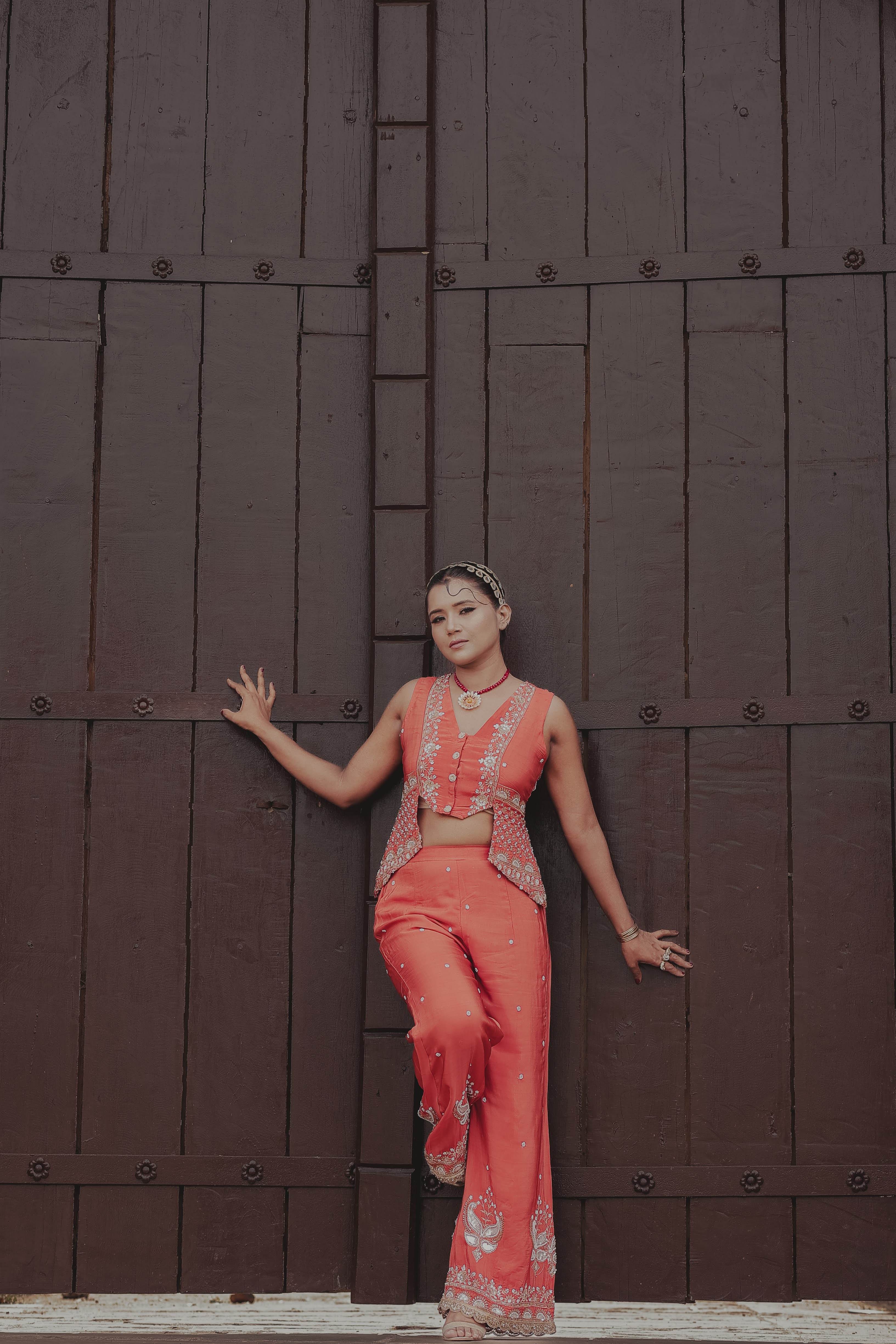 Orange Crepe Silk Designer Crop Top with Sharara Set