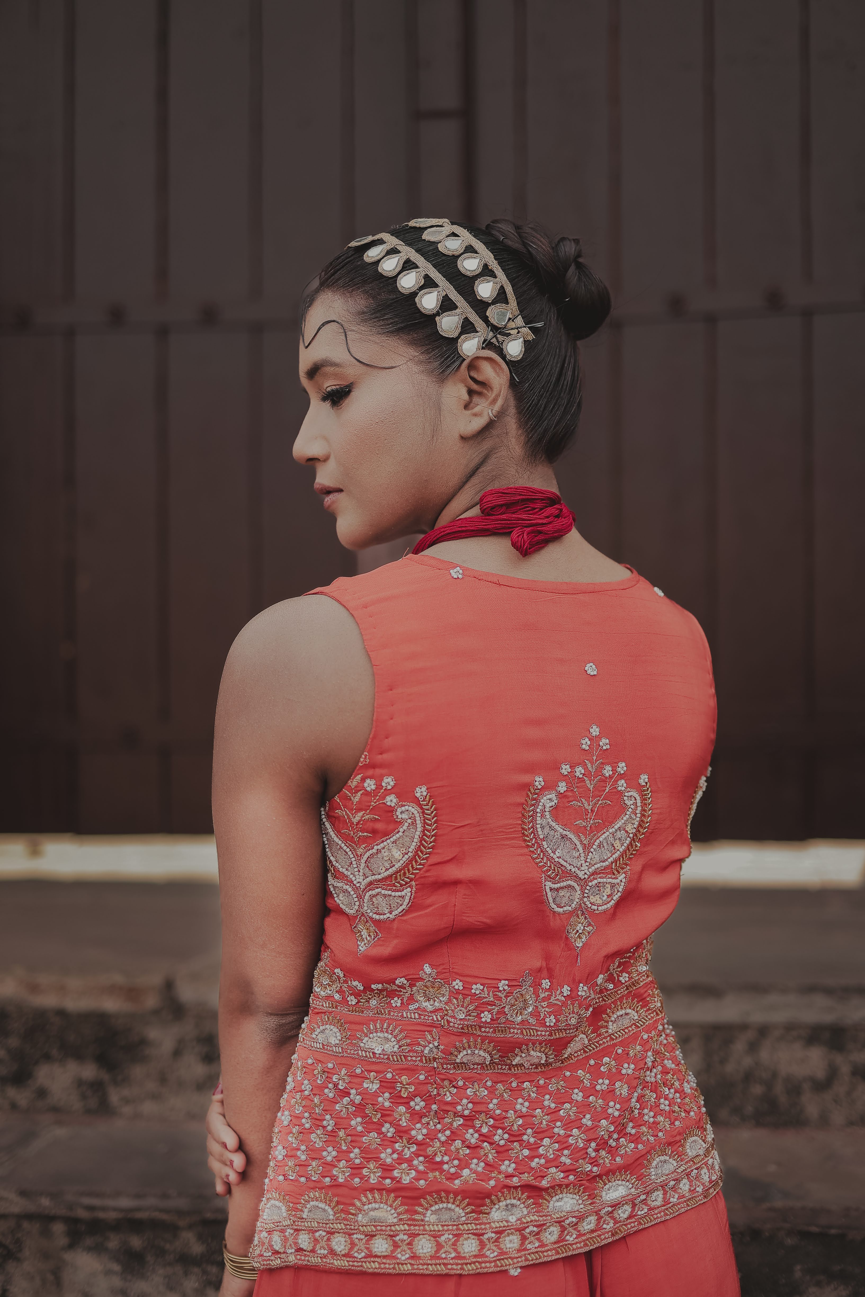 Orange Crepe Silk Designer Crop Top with Sharara Set