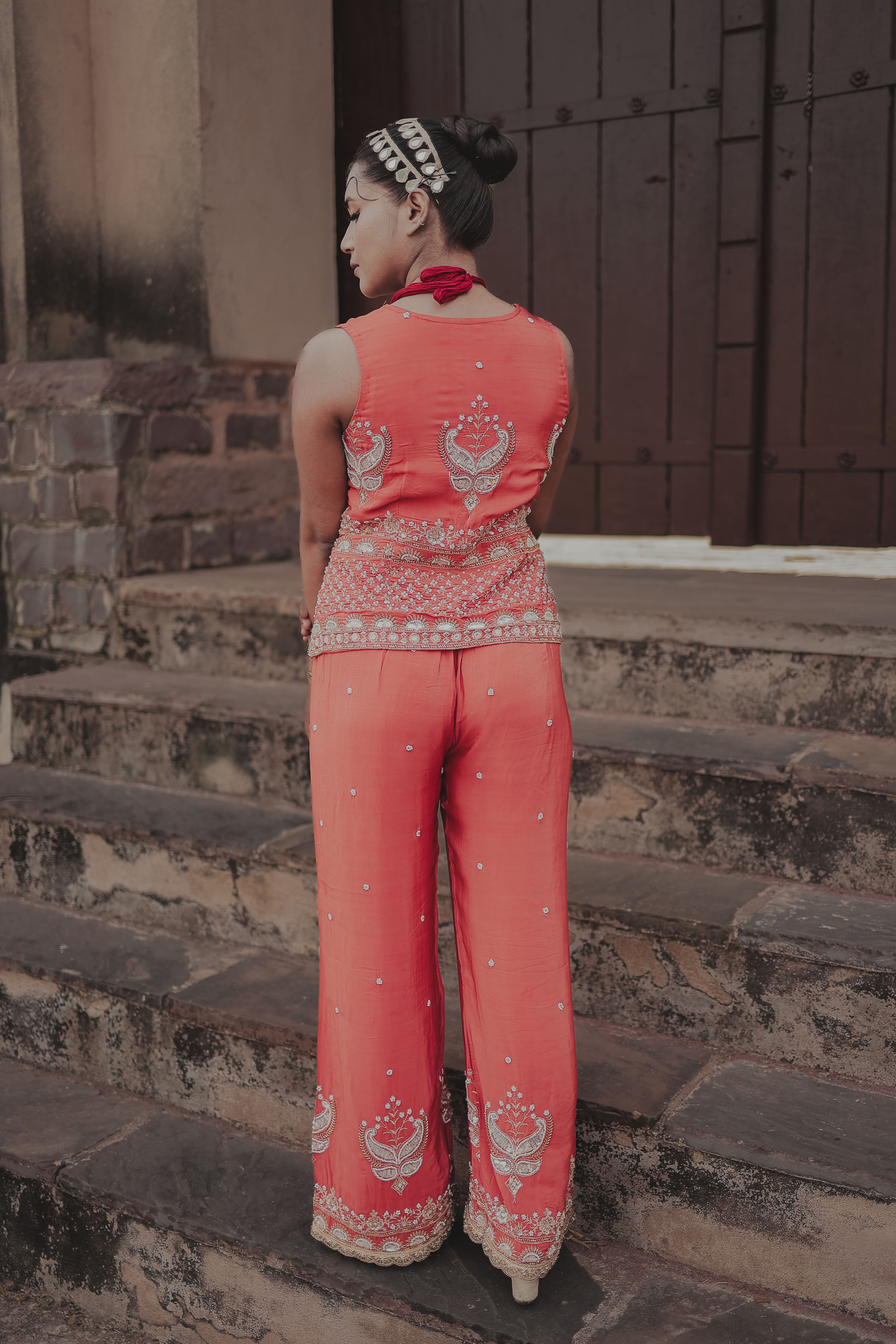 Orange Crepe Silk Designer Crop Top with Sharara Set