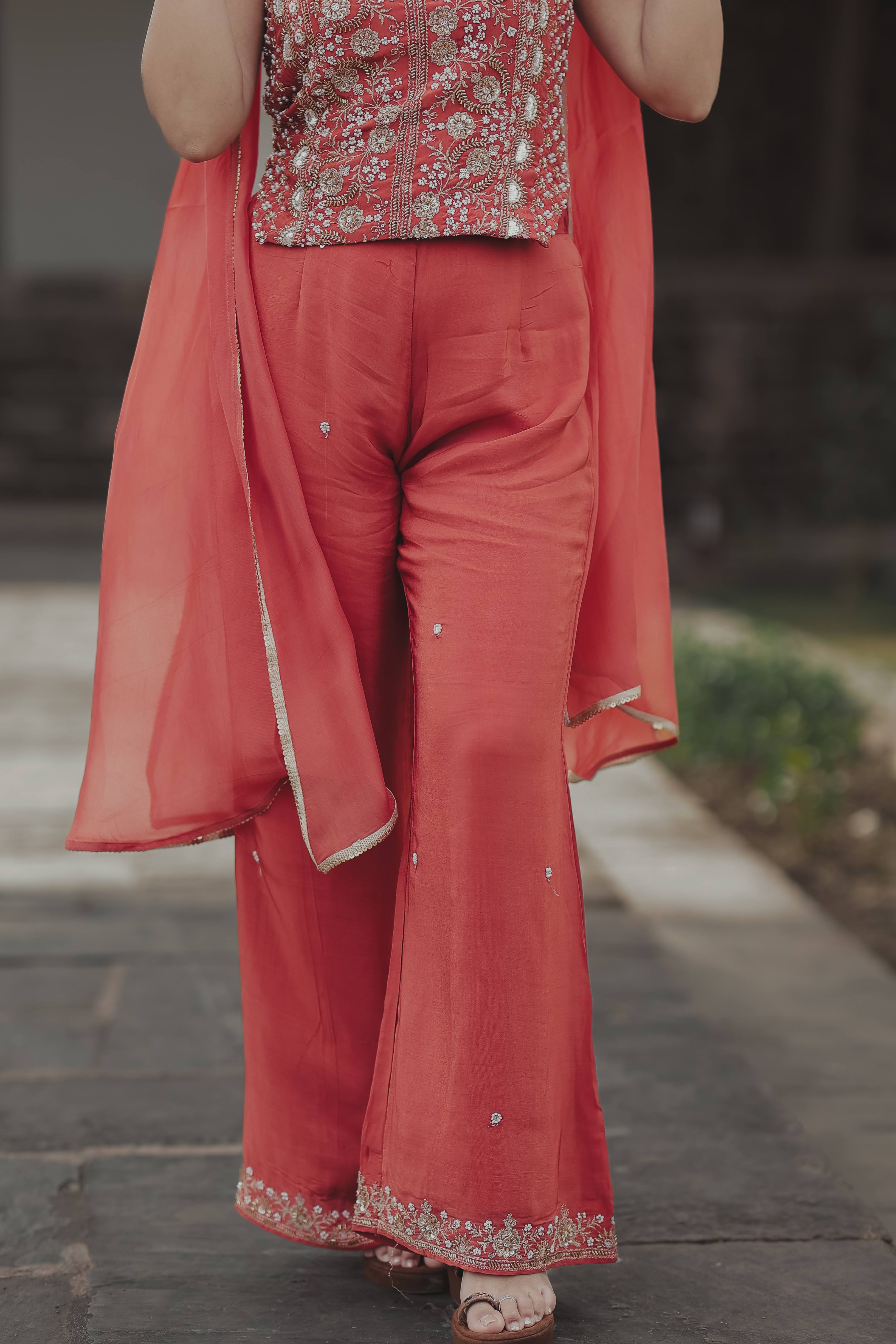 Orange Crepe Silk Indo-Western Crop Top Sharara Set with Dupatta