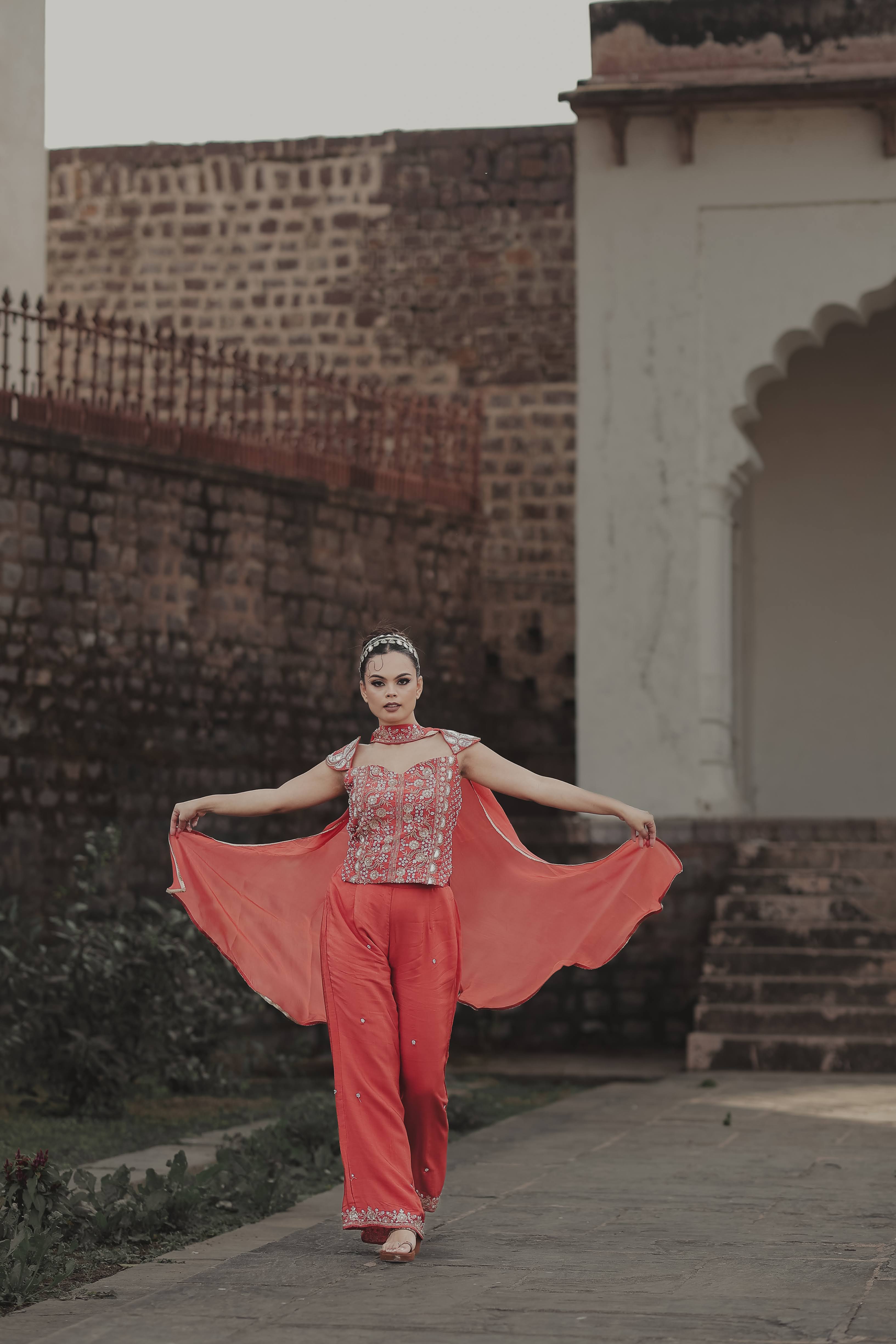 Orange Crepe Silk Indo-Western Crop Top Sharara Set with Dupatta