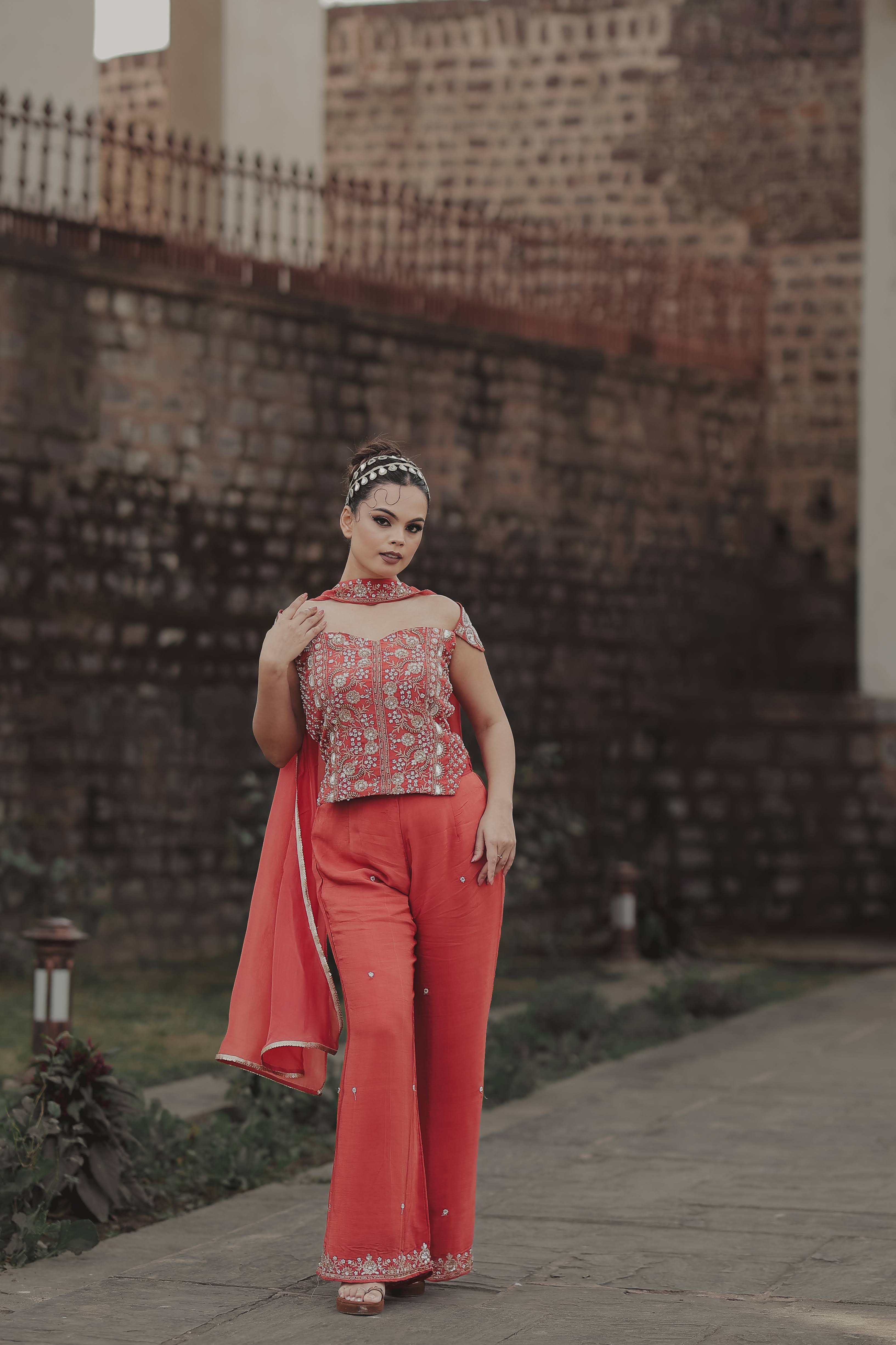 Orange Crepe Silk Indo-Western Crop Top Sharara Set with Dupatta