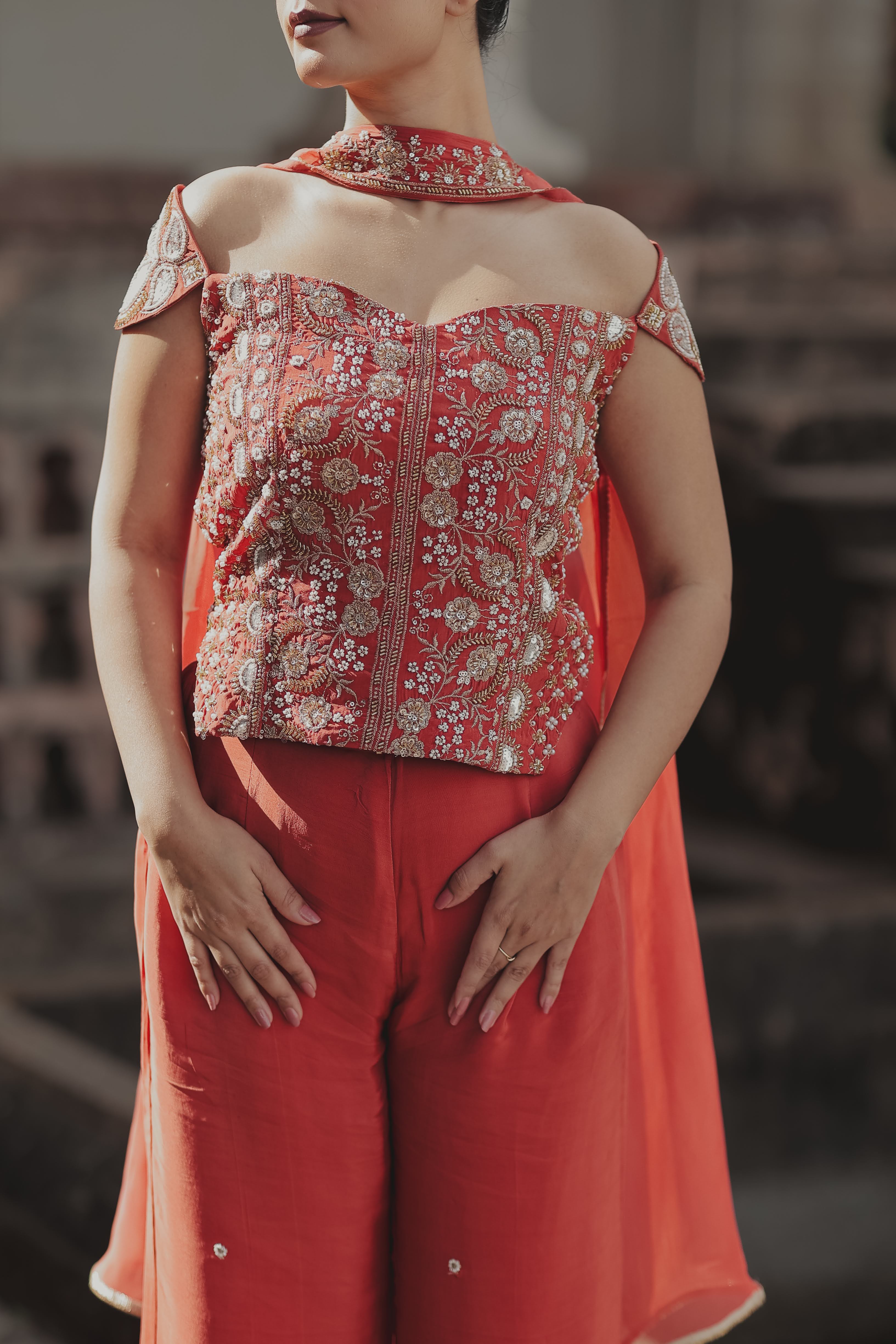 Orange Crepe Silk Indo-Western Crop Top Sharara Set with Dupatta