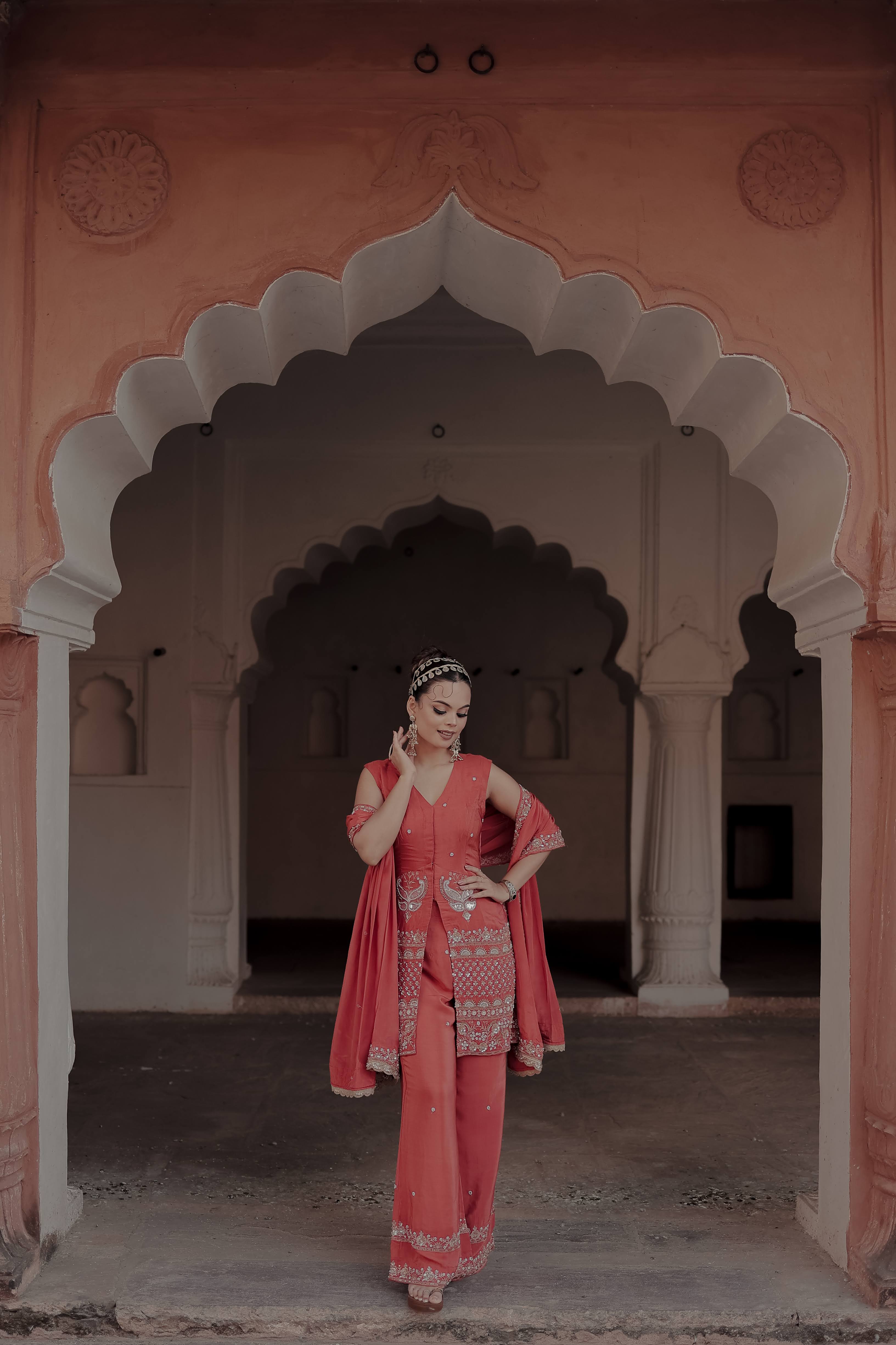 Orange Crepe Silk Front-Opening Sleeveless Suit with Sharara