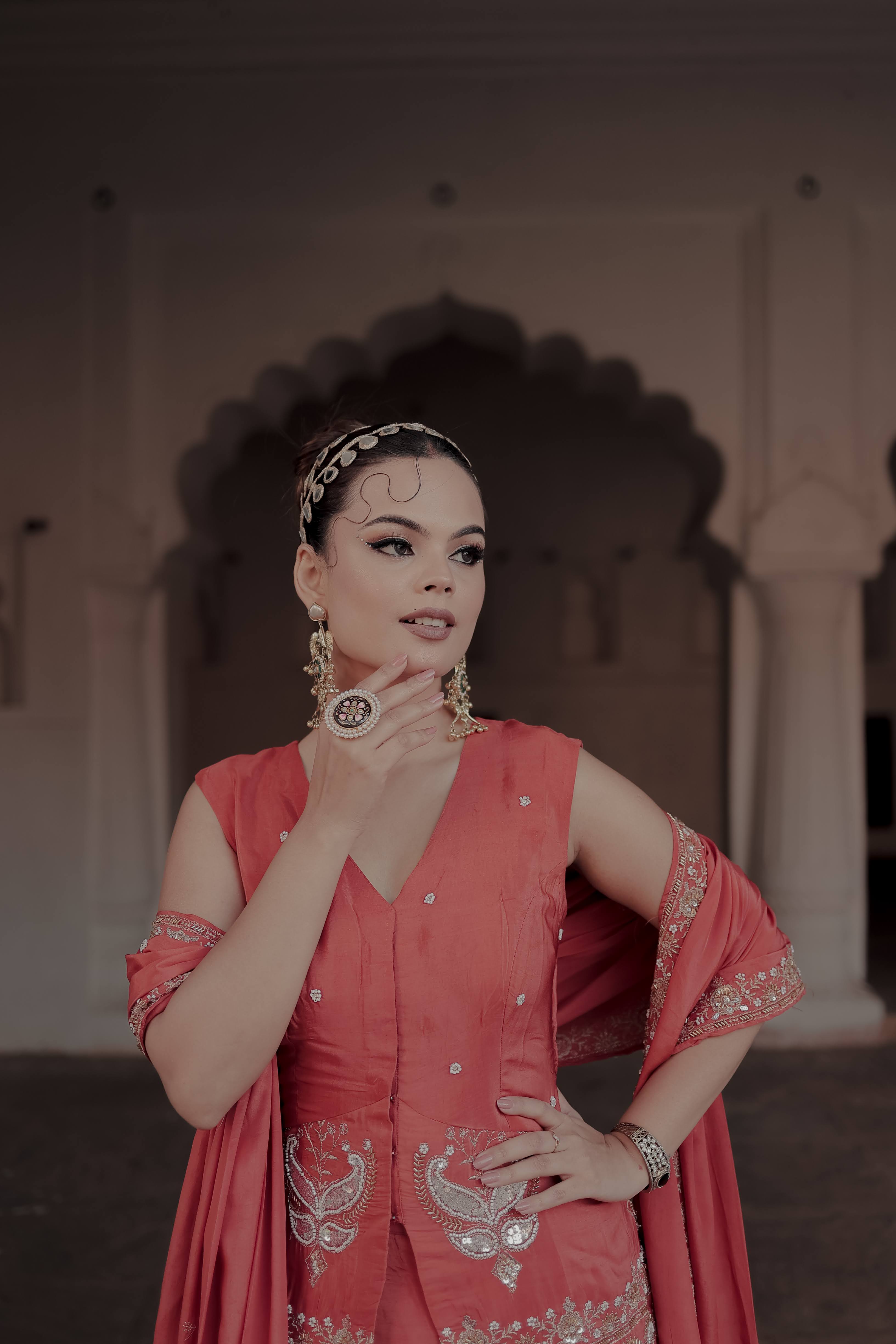 Orange Crepe Silk Front-Opening Sleeveless Suit with Sharara