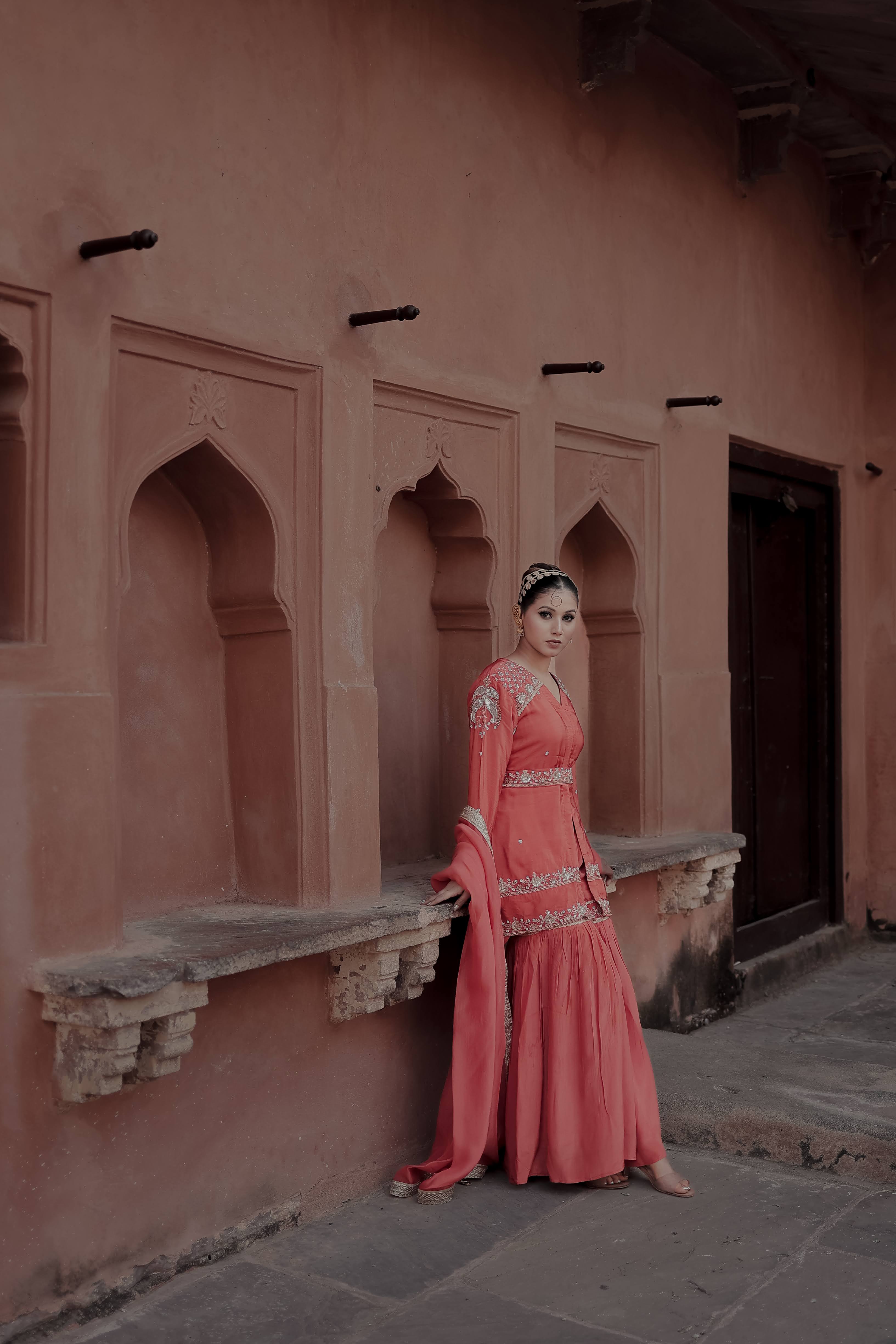 Orange Crepe Silk Full-Sleeve Long Top with Belt & Gharara Set