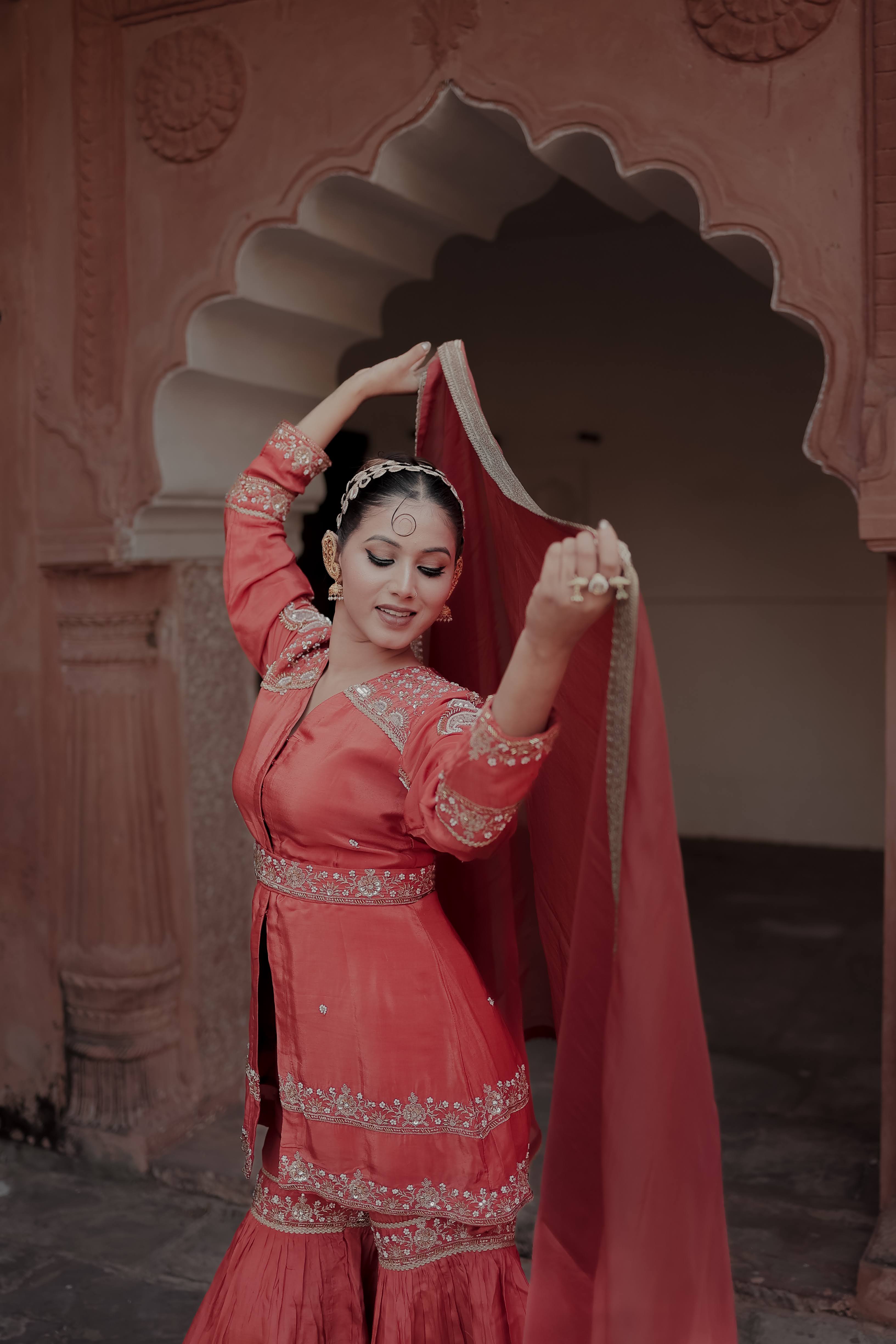 Orange Crepe Silk Full-Sleeve Long Top with Belt & Gharara Set