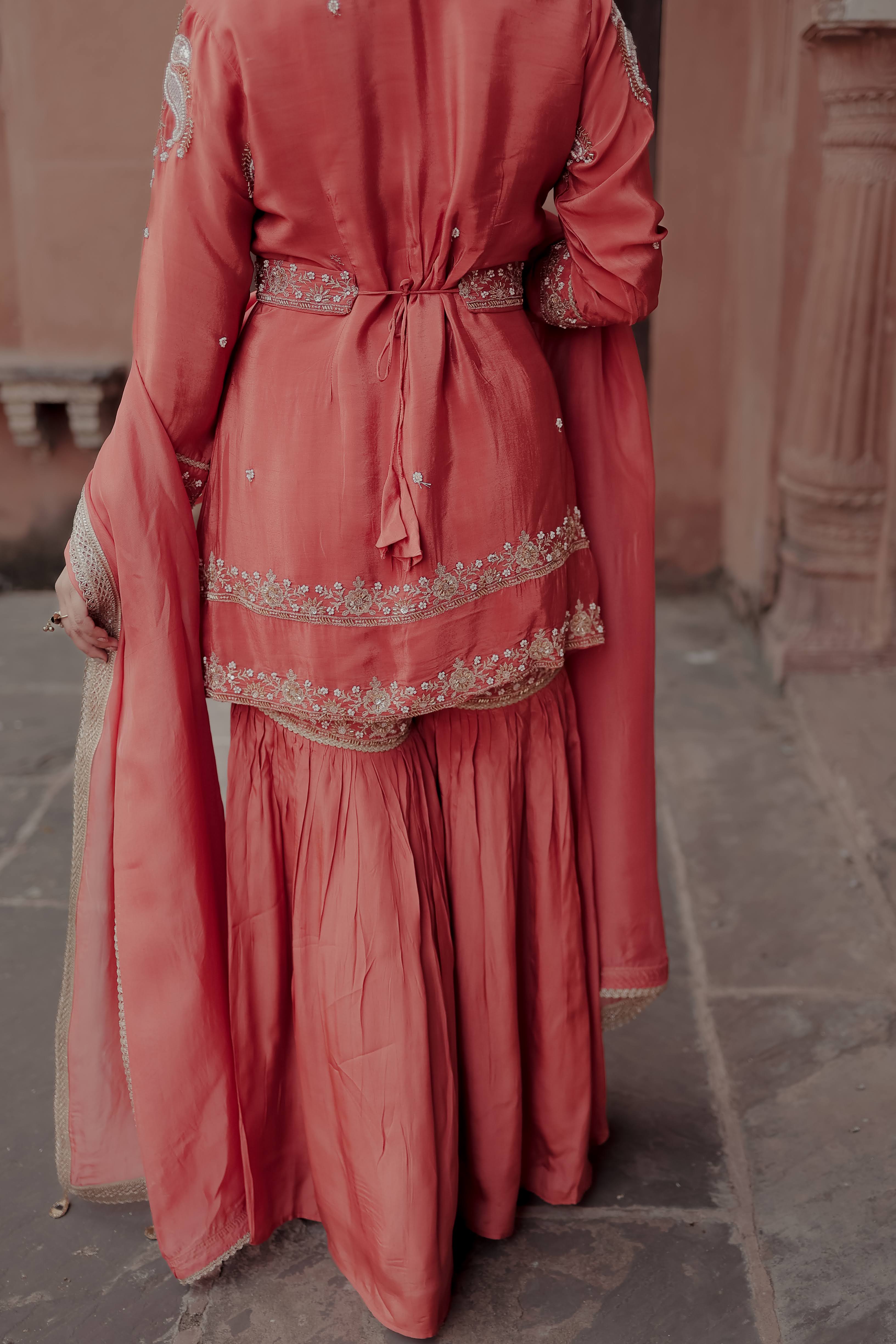 Orange Crepe Silk Full-Sleeve Long Top with Belt & Gharara Set