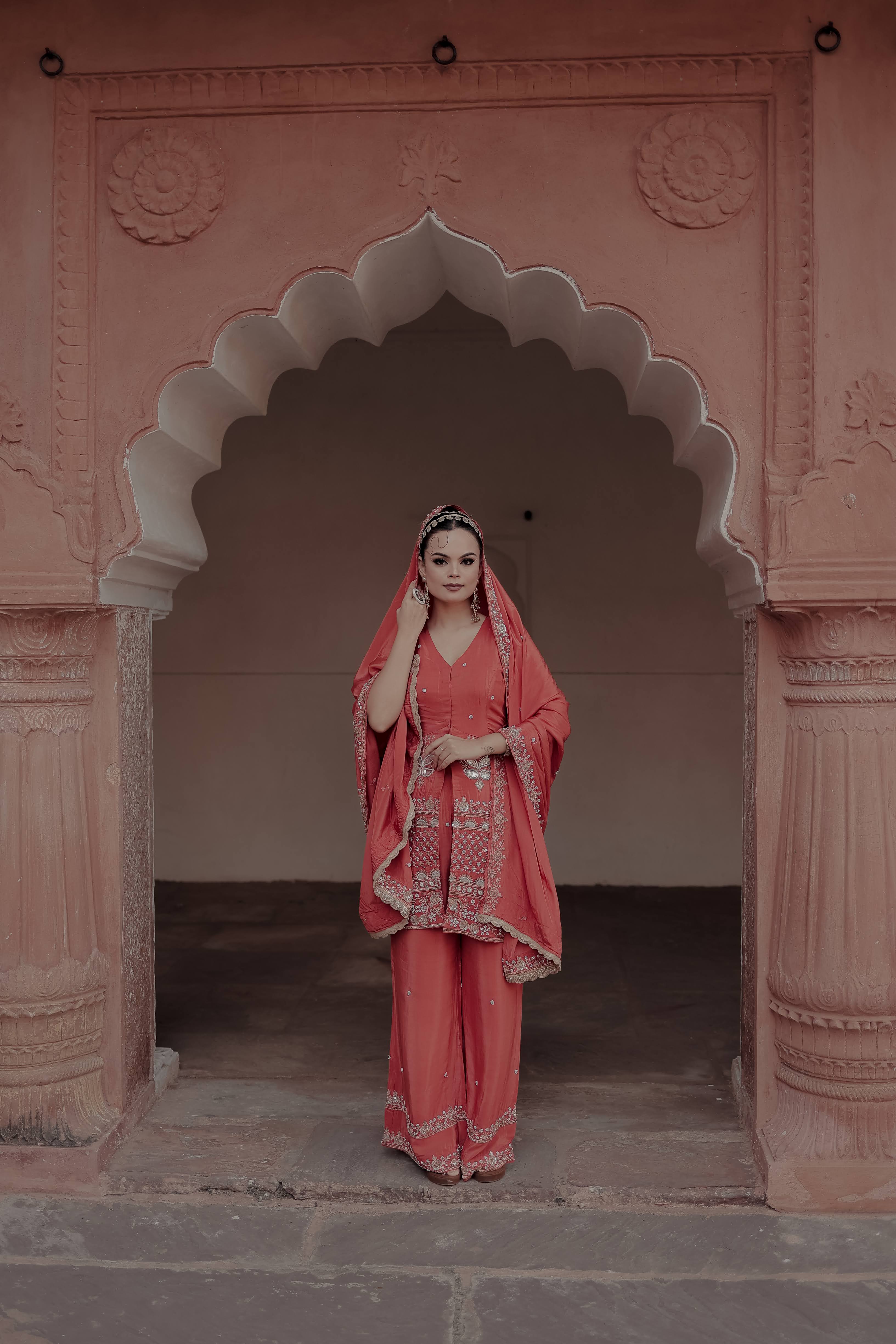 Orange Crepe Silk Front-Opening Sleeveless Suit with Sharara
