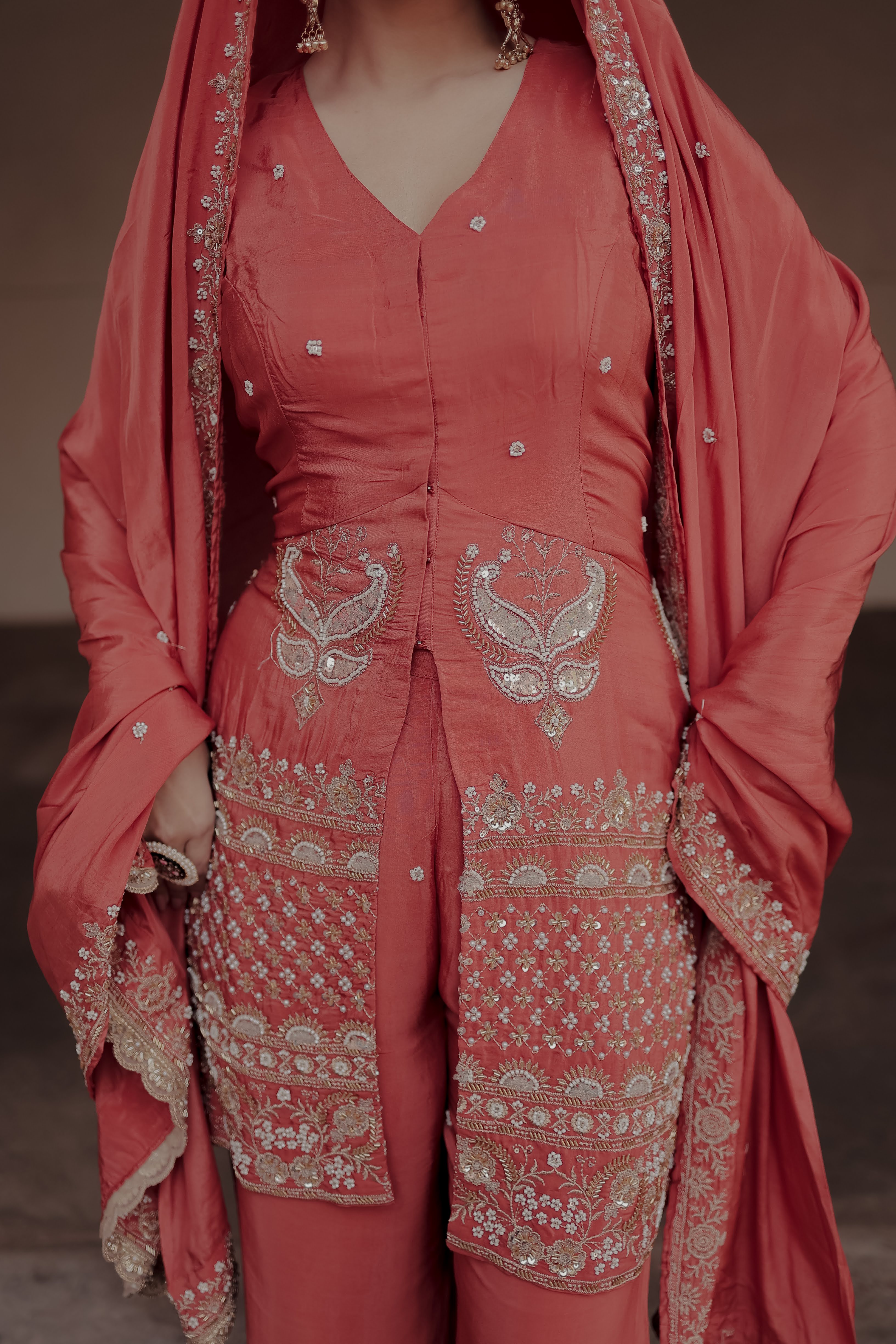 Orange Crepe Silk Front-Opening Sleeveless Suit with Sharara