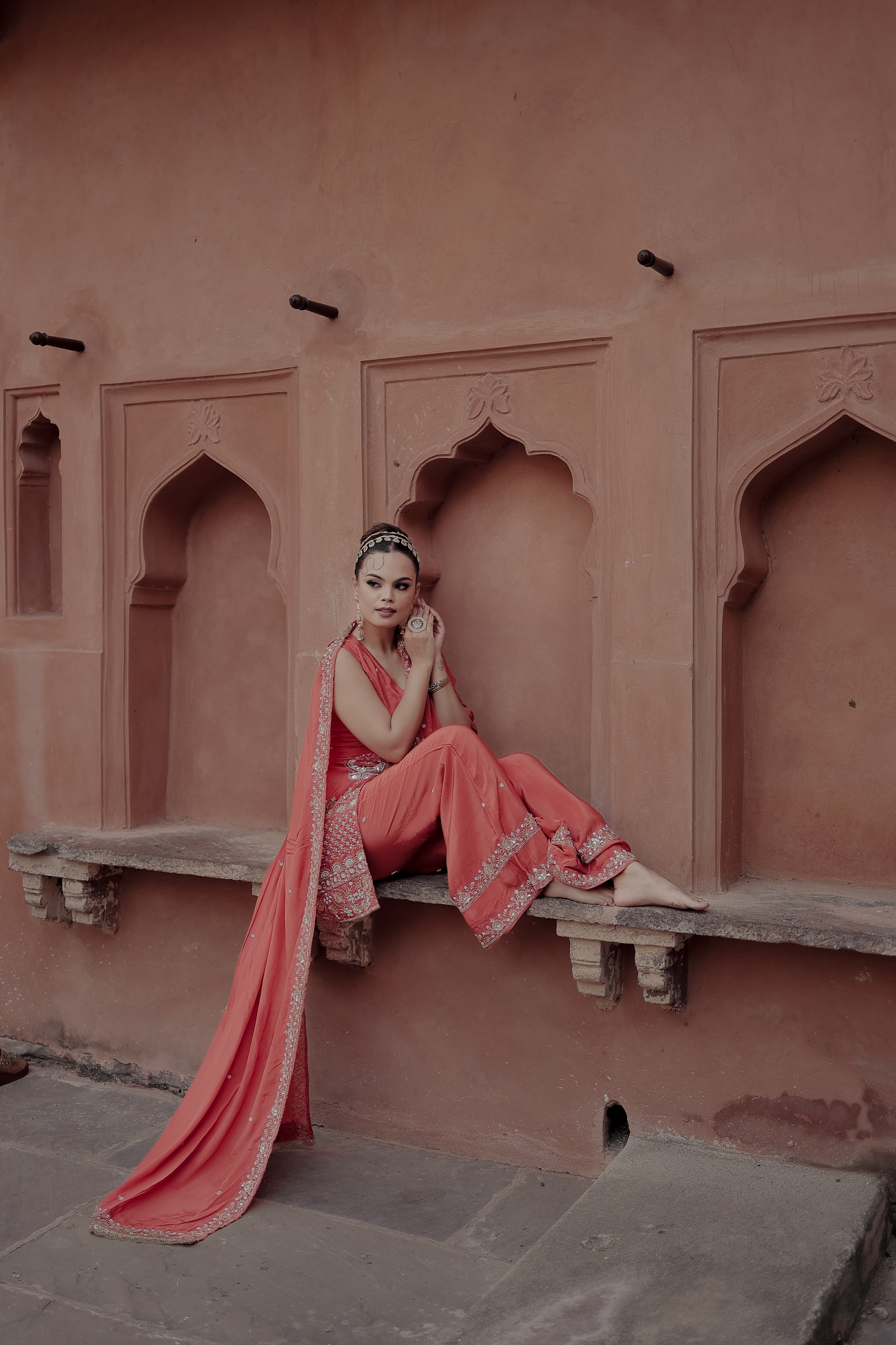 Orange Crepe Silk Front-Opening Sleeveless Suit with Sharara