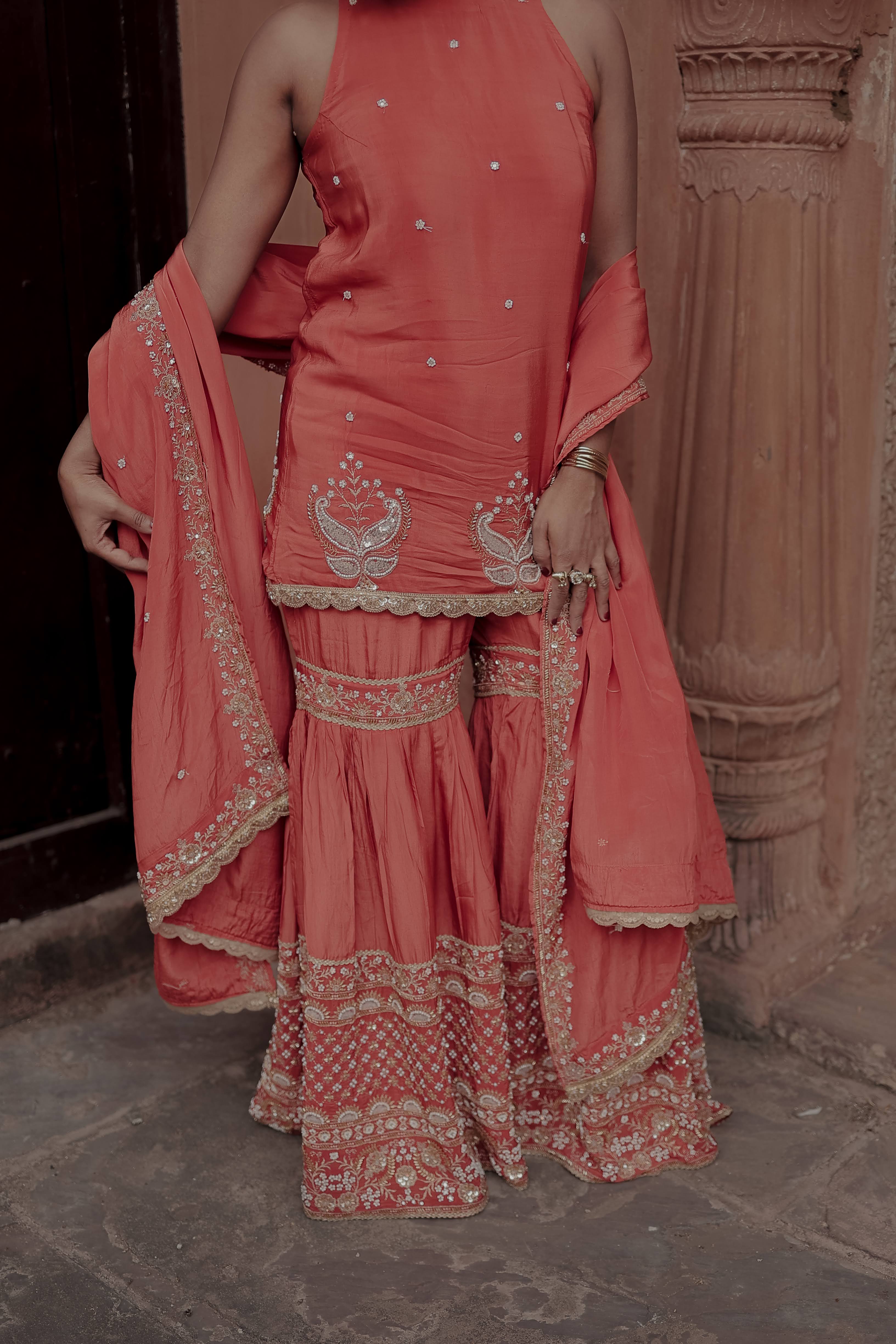 Orange Crepe Silk Sleeveless Suit with Gharara & Dupatta