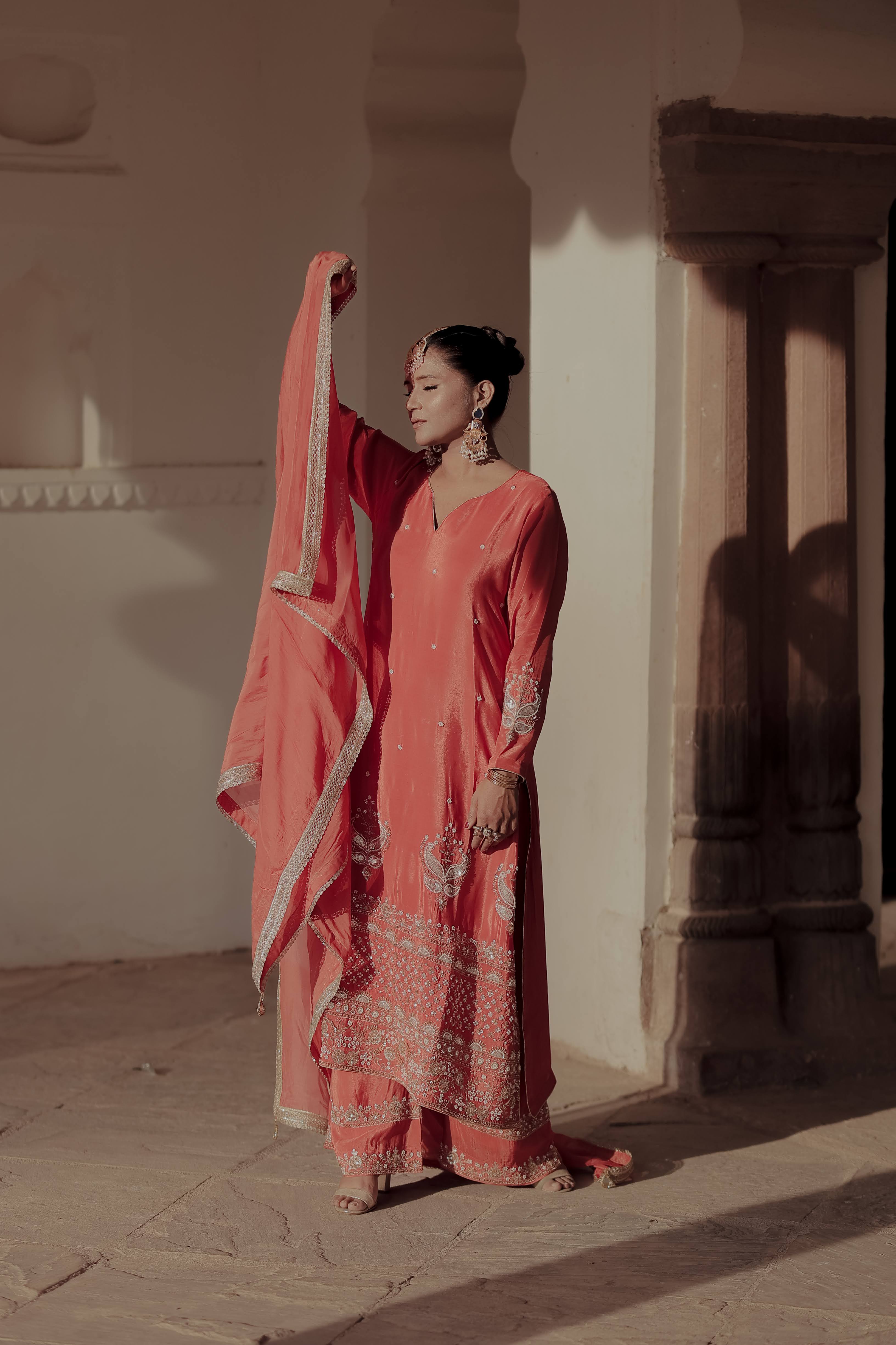 Orange Crepe Silk Full-Sleeve Long Kurta Sharara Set with Dupatta