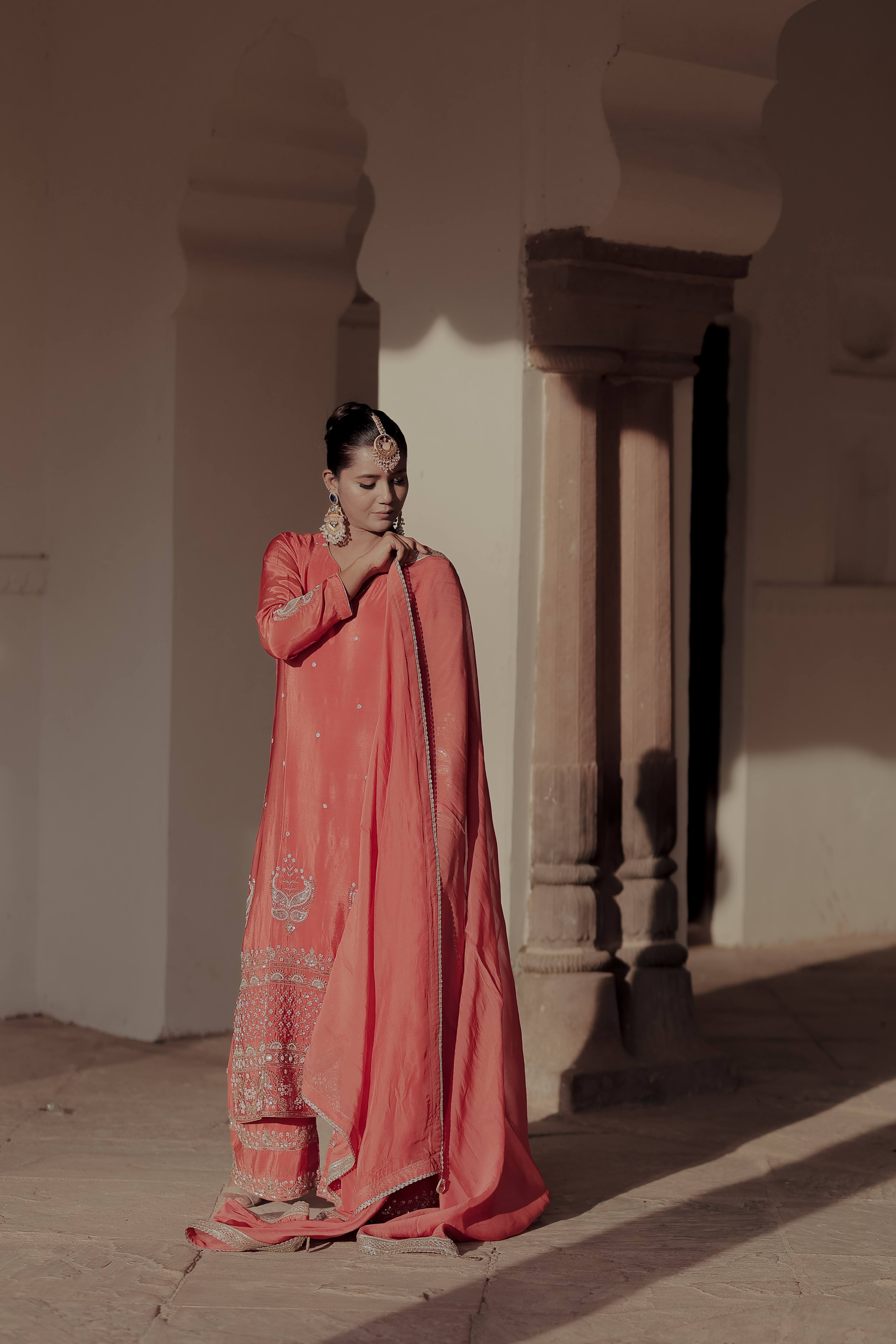 Orange Crepe Silk Full-Sleeve Long Kurta Sharara Set with Dupatta