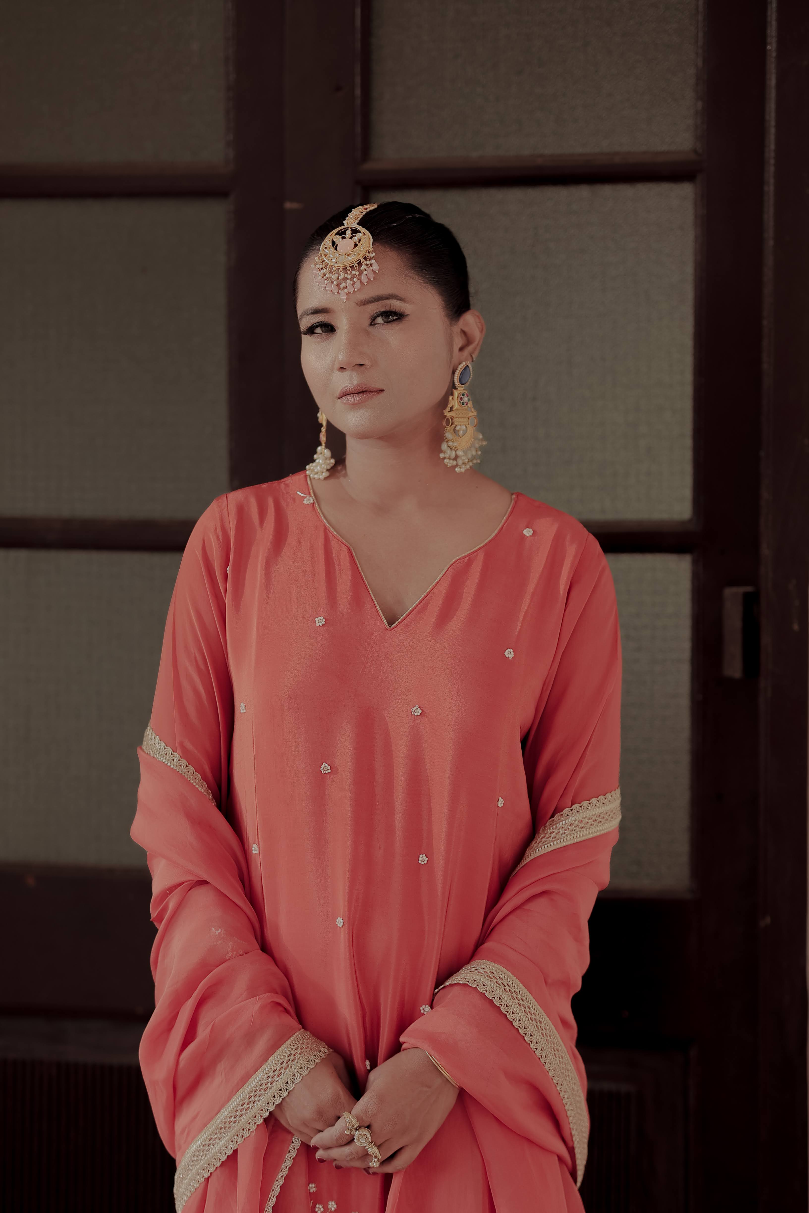 Orange Crepe Silk Full-Sleeve Long Kurta Sharara Set with Dupatta