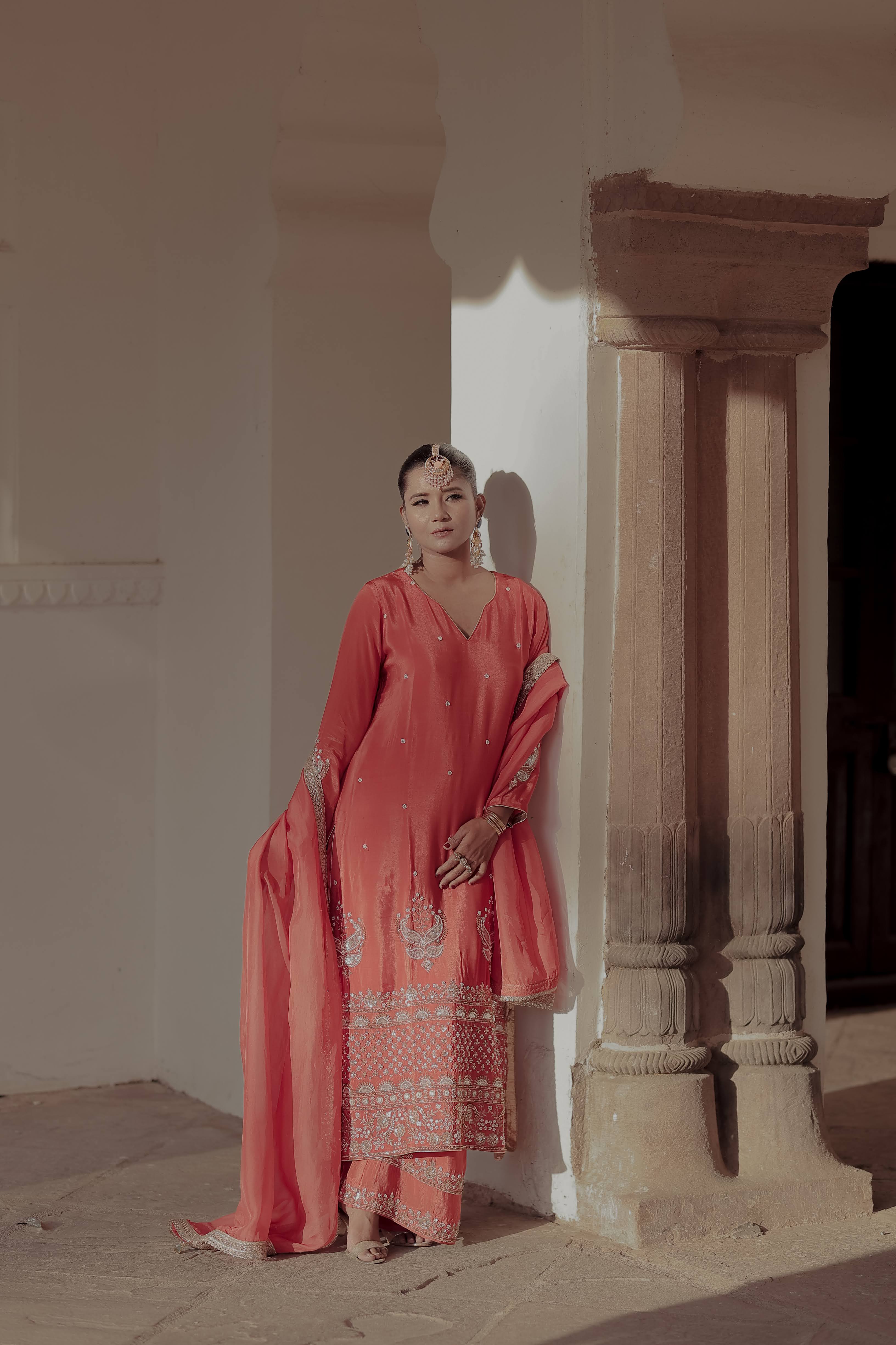 Orange Crepe Silk Full-Sleeve Long Kurta Sharara Set with Dupatta