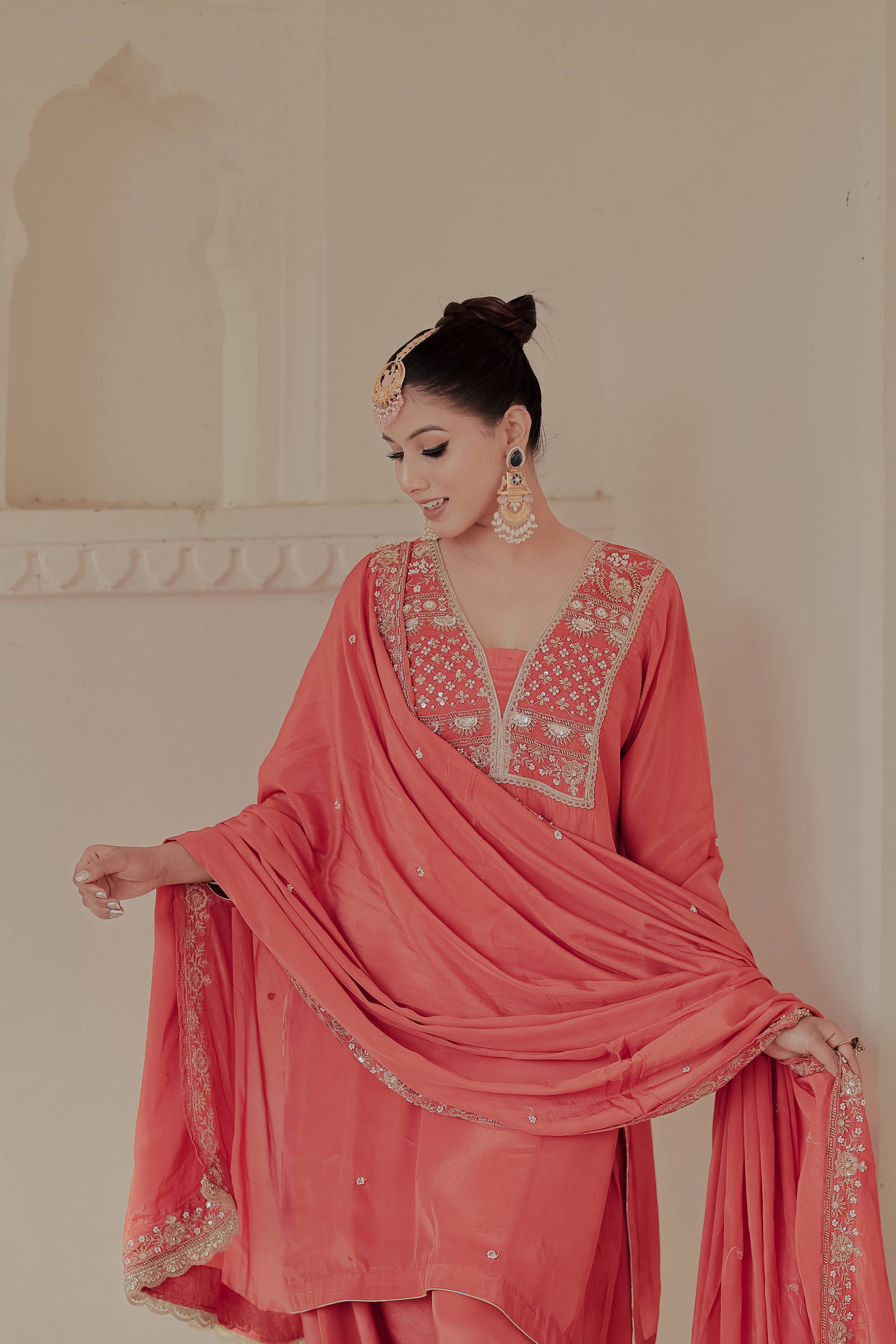 Orange Crepe Silk Suit with Farsi Salwar & Dupatta
