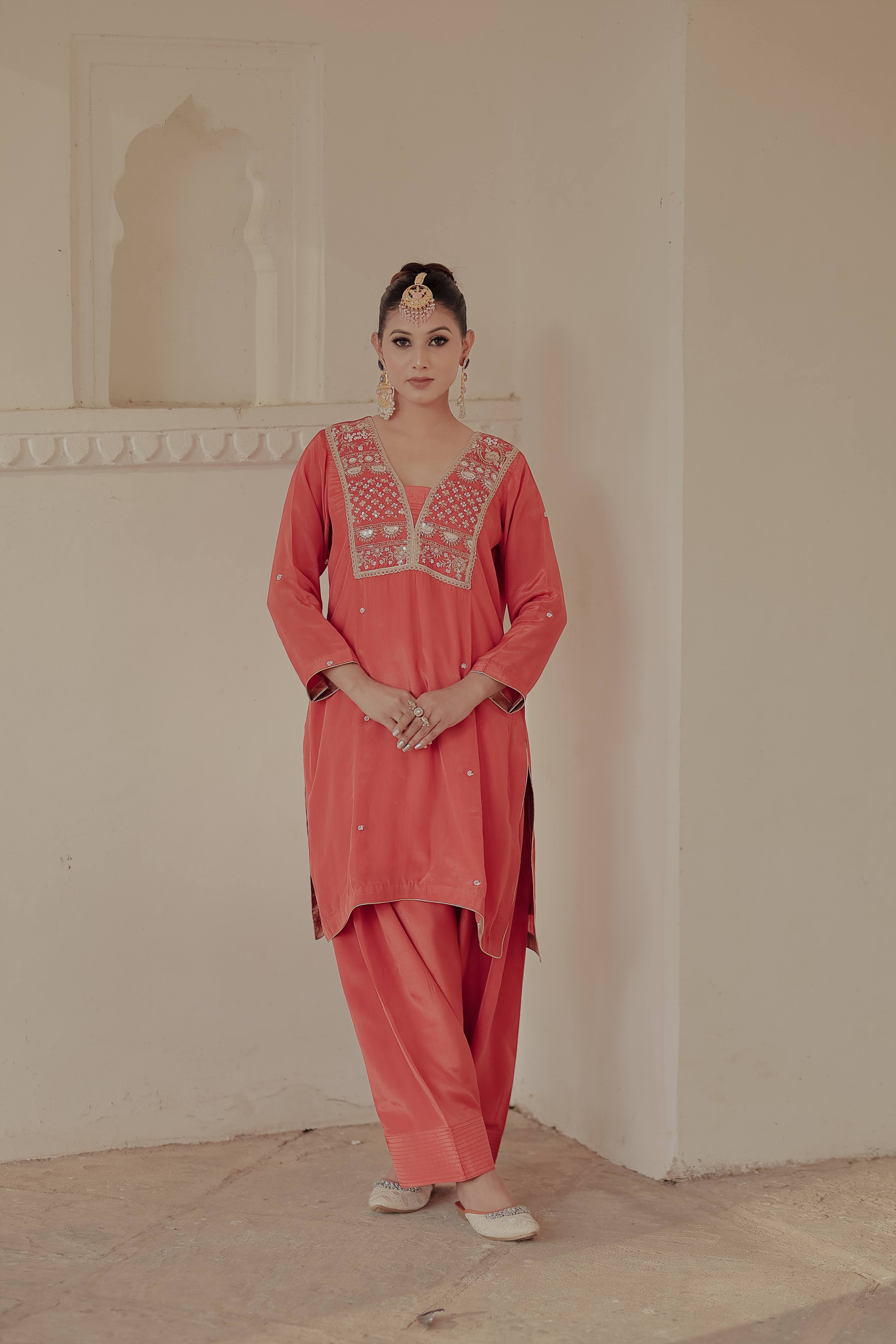 Orange Crepe Silk Suit with Farsi Salwar & Dupatta