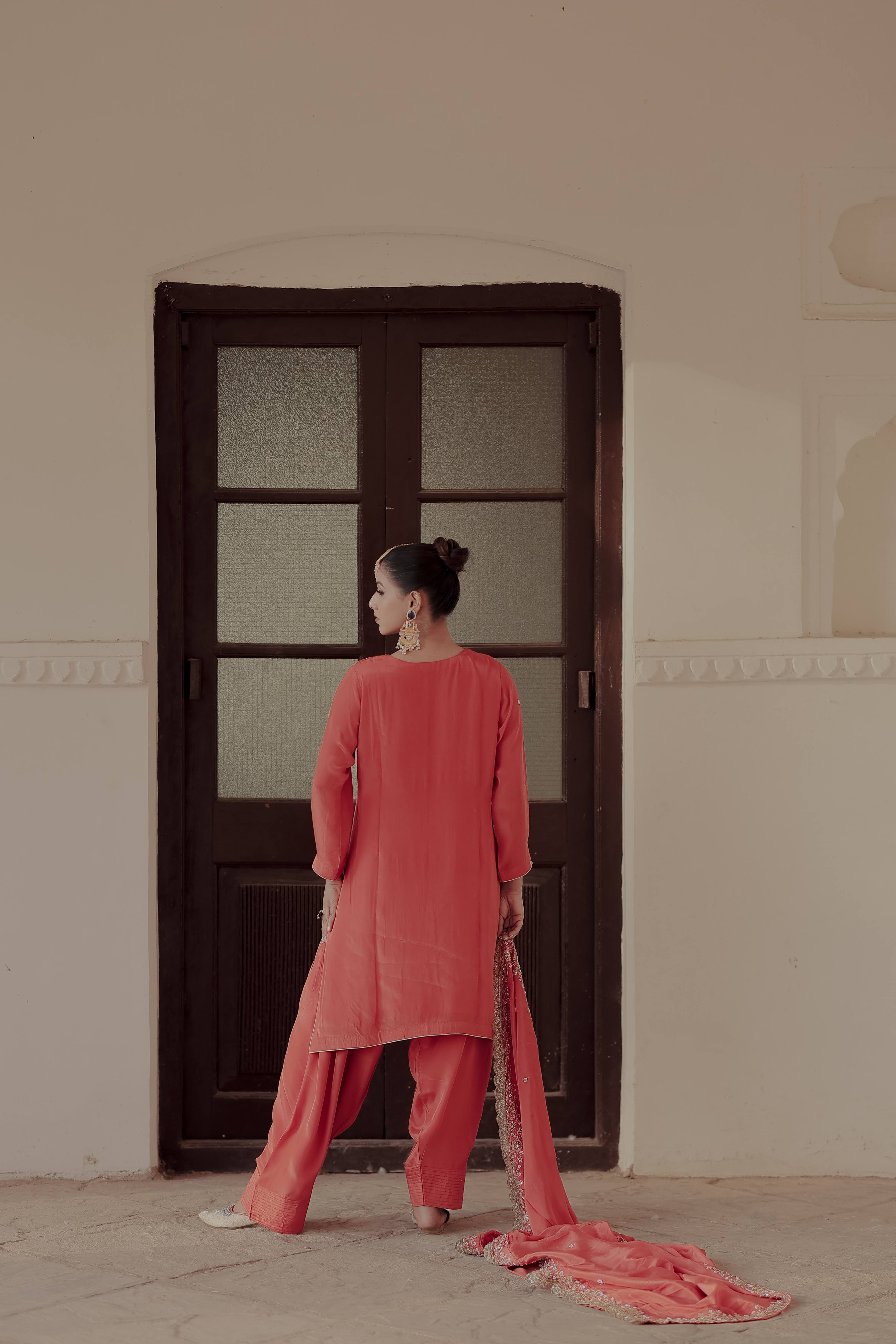 Orange Crepe Silk Suit with Farsi Salwar & Dupatta